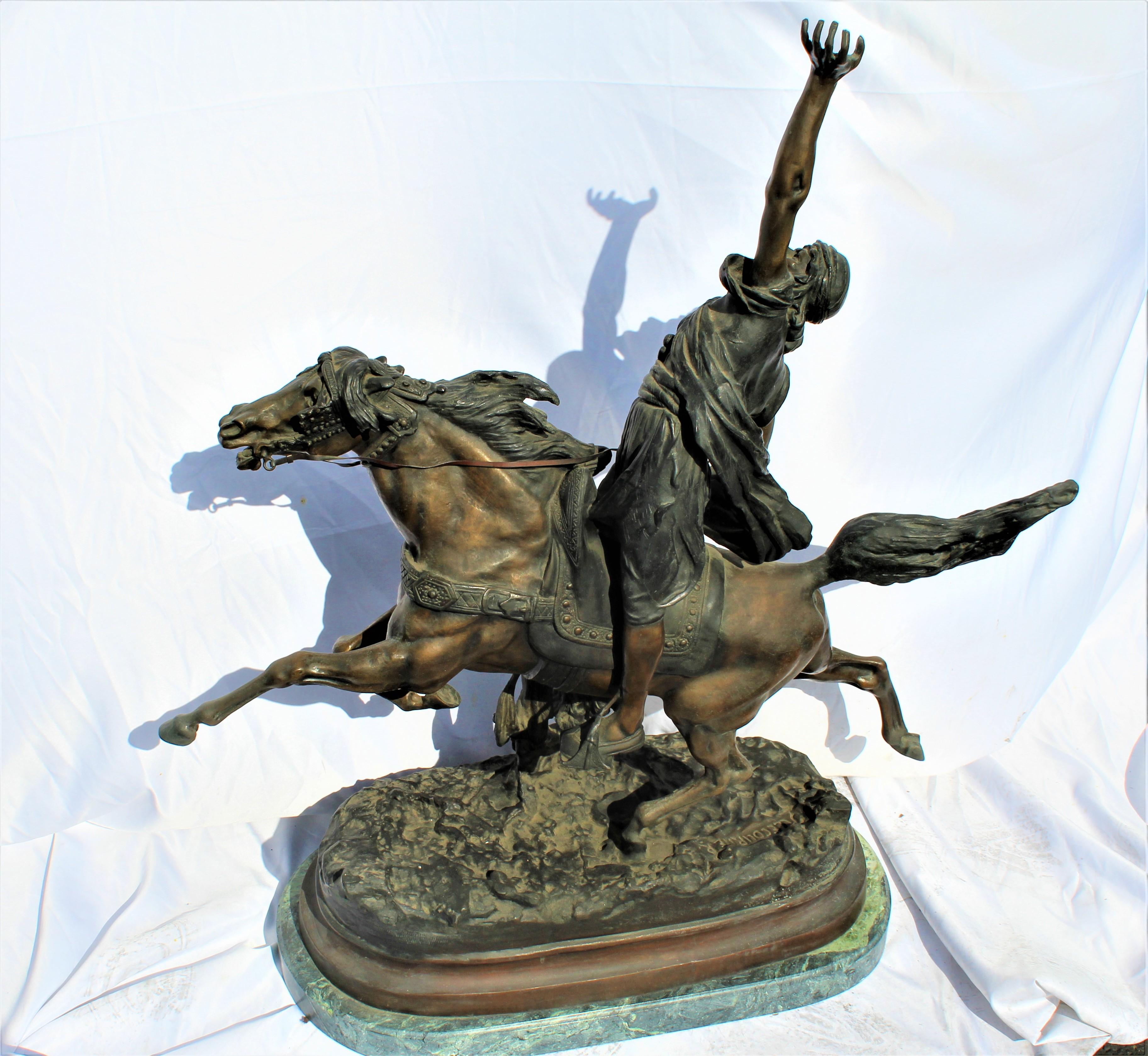 Cast Arabe on Horseback, Lg Bronze, after Le Courtier, Marble Base 'Fantasia Arabe' 