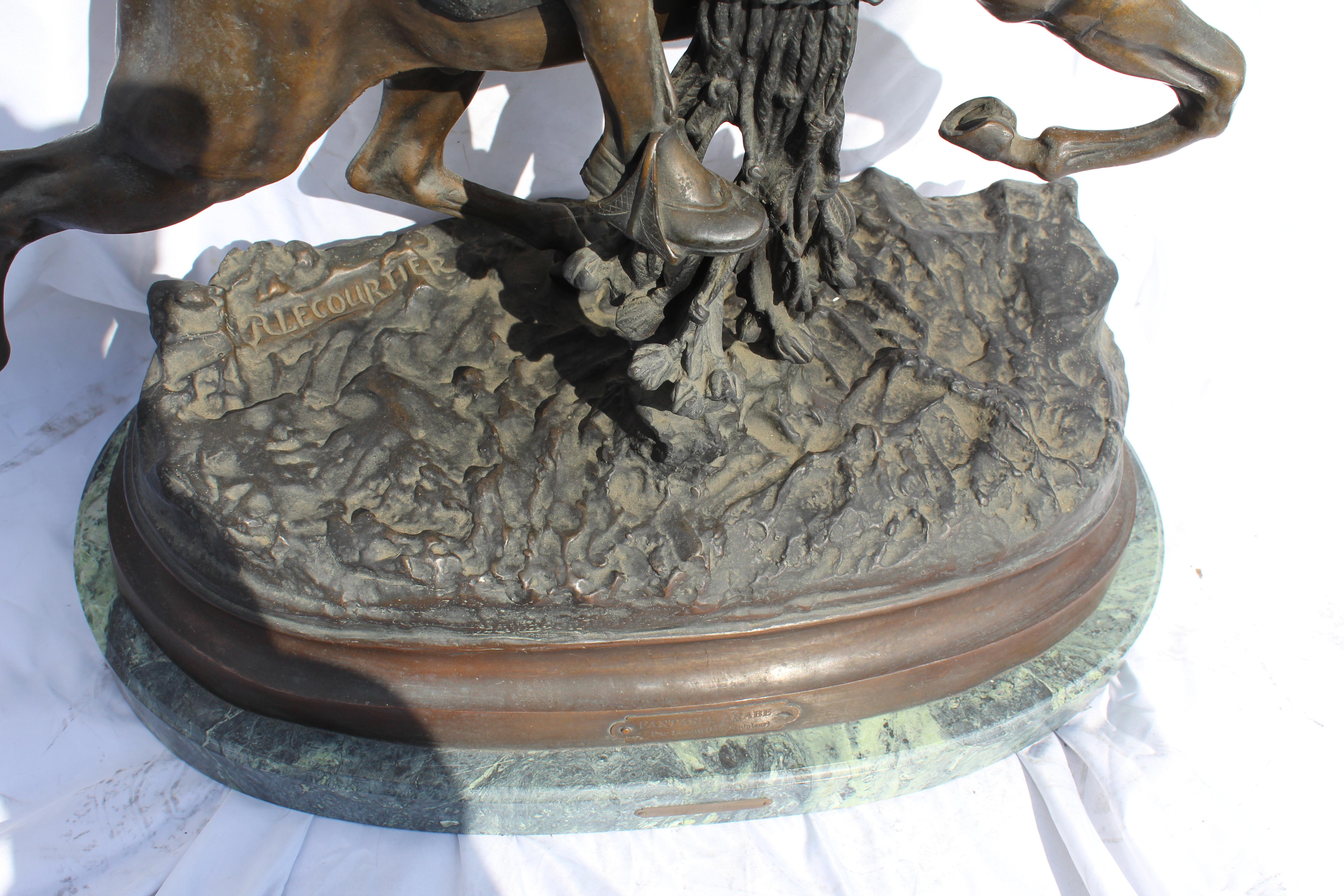 Arabe on Horseback, Lg Bronze, after Le Courtier, Marble Base 'Fantasia Arabe'  In Good Condition In Los Angeles, CA