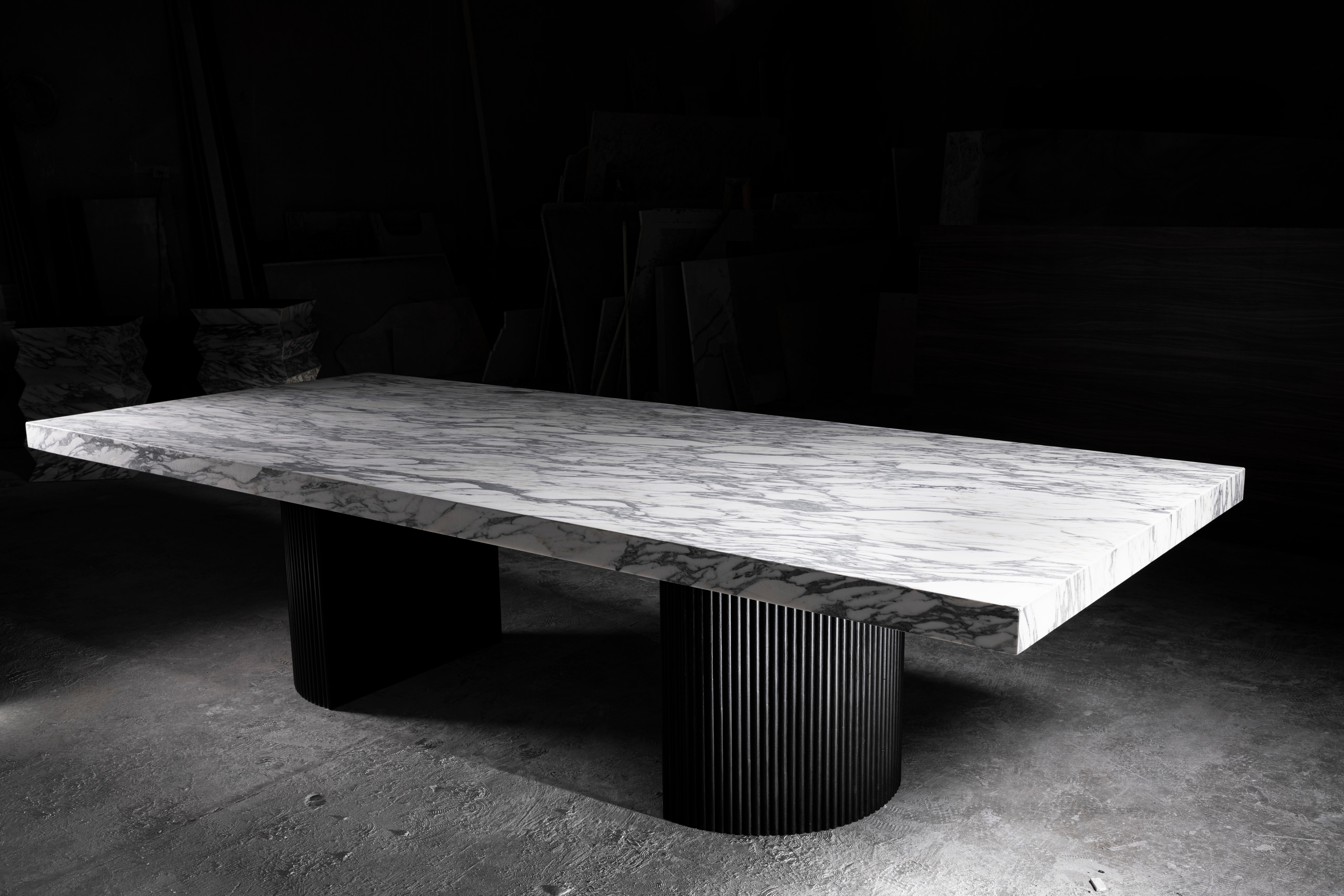 Arabescato Corchia Italian Marble Dining Table with Fluted Black Oak Half Moon Bases
