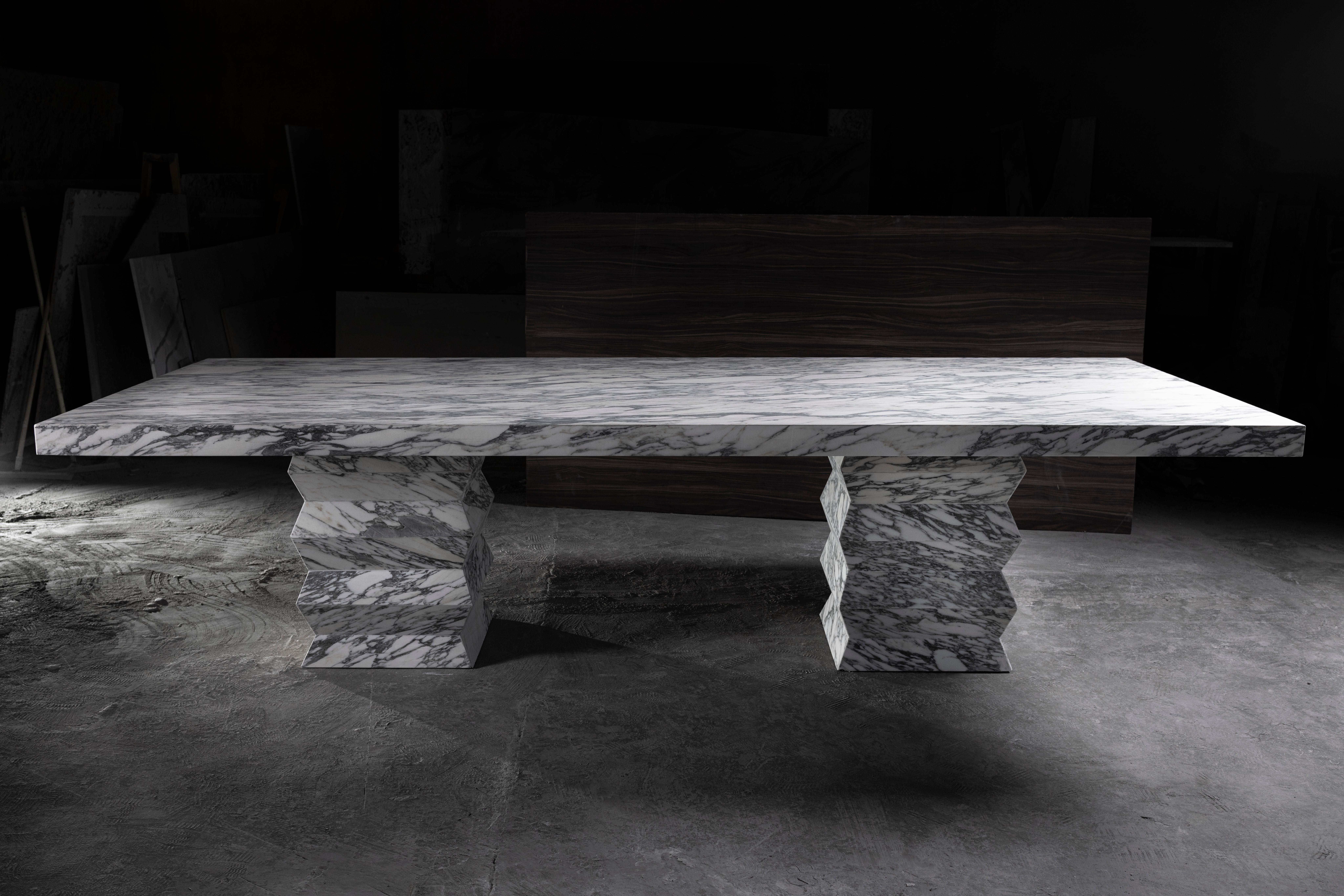 Italian Arabescato Corchia Marble Dining Table with Zig Zag Bases