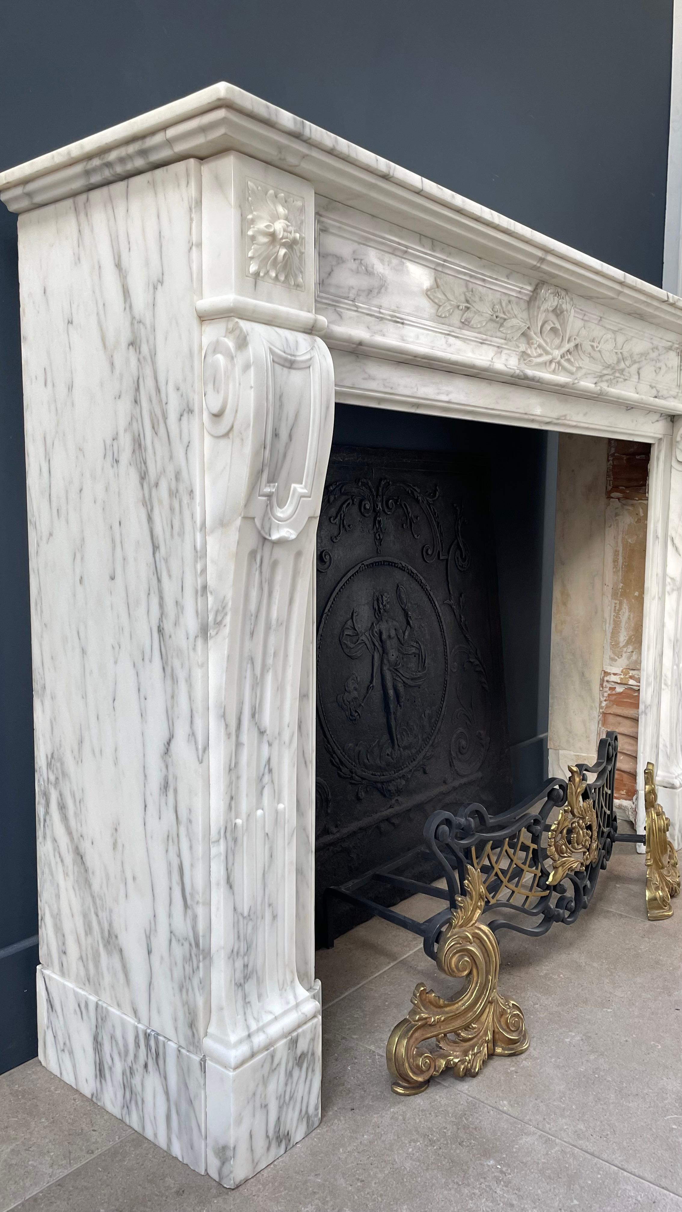 Arabescato Marble French Antique Front Fireplace For Sale 3