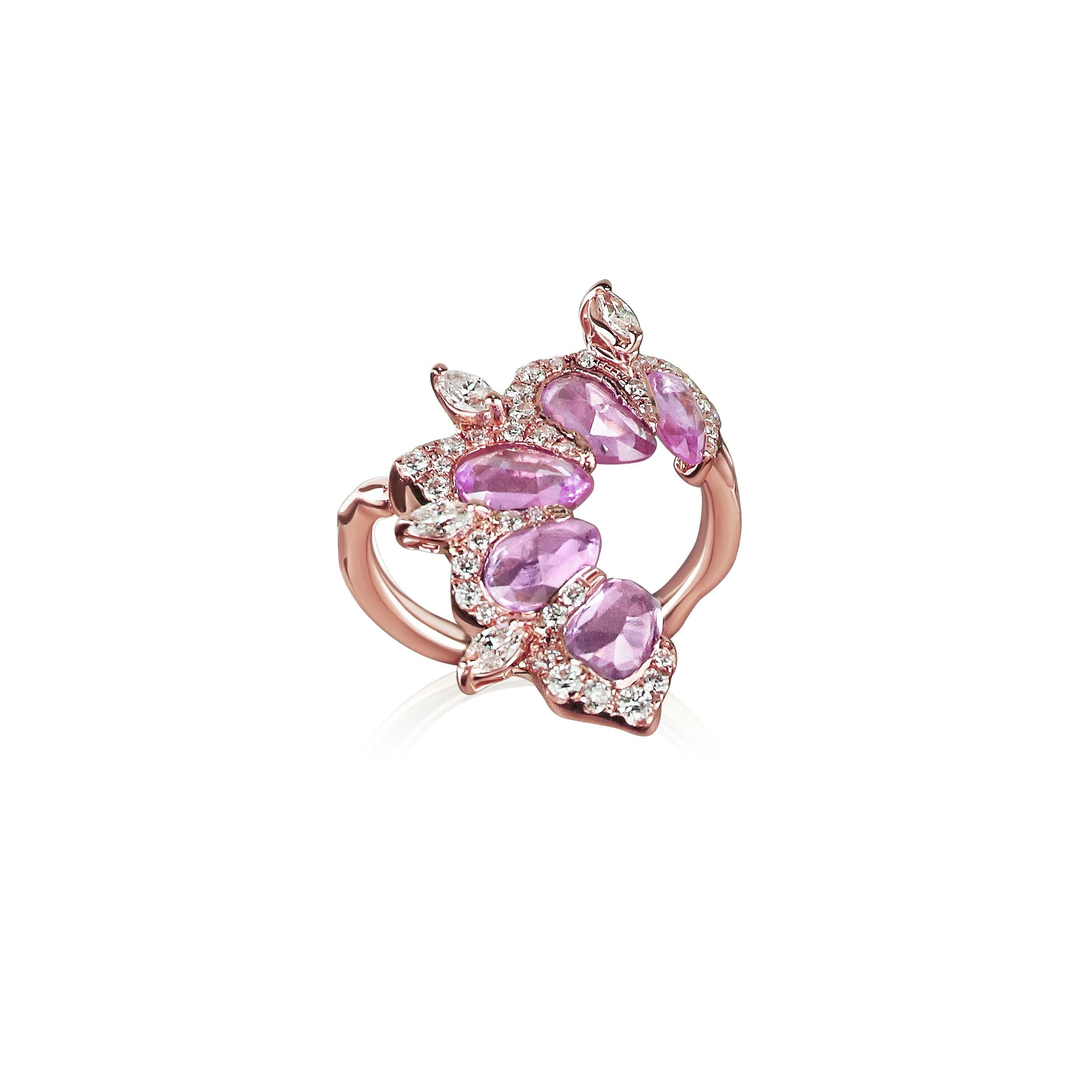 For Sale:  Arabesque 18K Rose gold ring with Round cut Diamonds and pink sapphires 2
