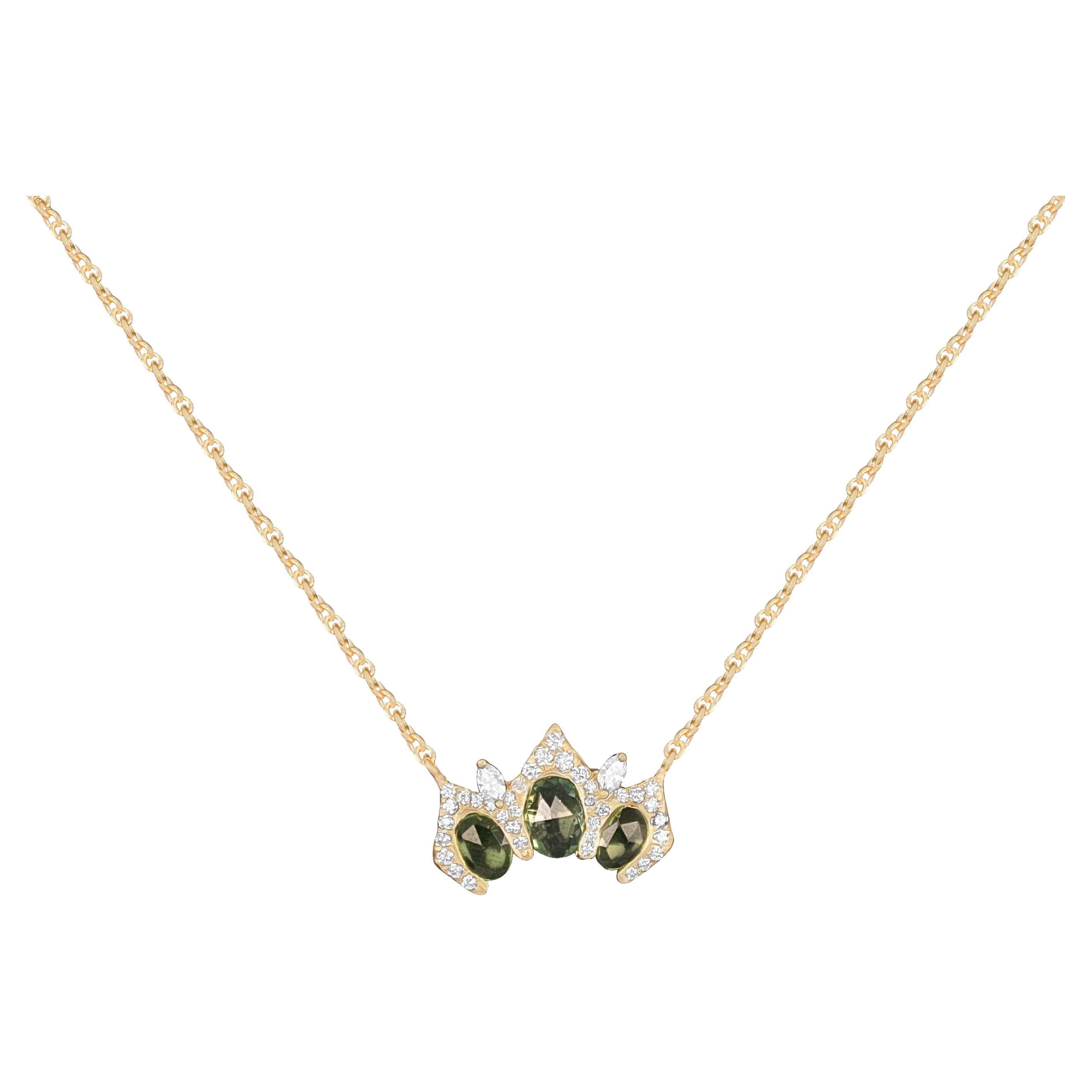 Arabesque 18k yellow   Gold Pendant with green Sapphires and Round Cut Diamonds