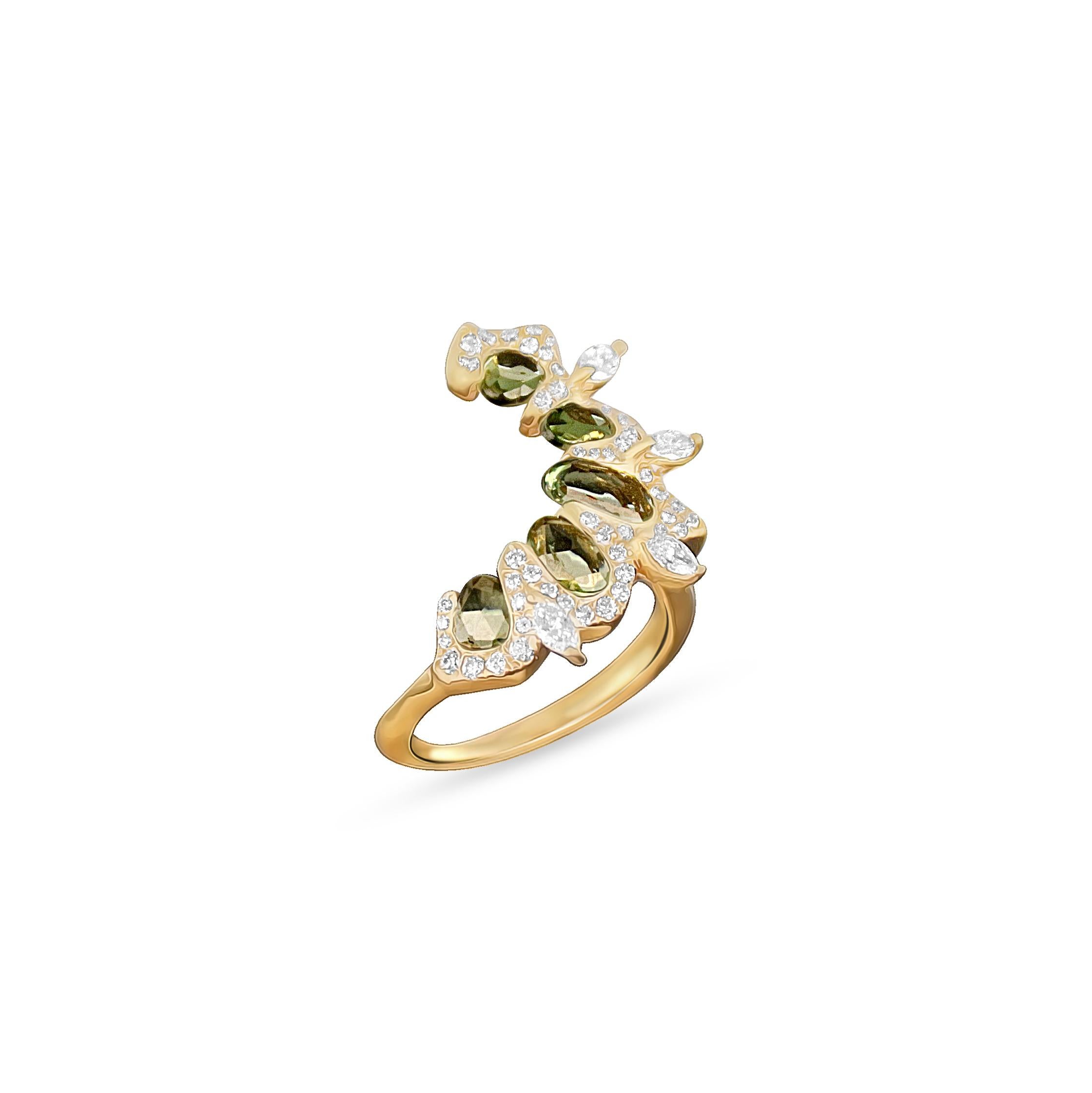 For Sale:  Arabesque 18K Yellow gold ring with Round cut Diamonds and green sapphires 3