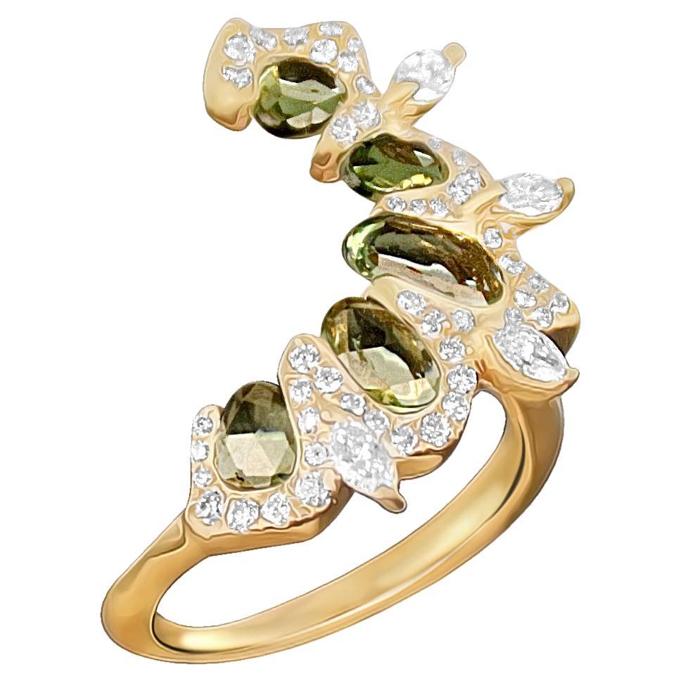 Arabesque 18K Yellow gold ring with Round cut Diamonds and green sapphires