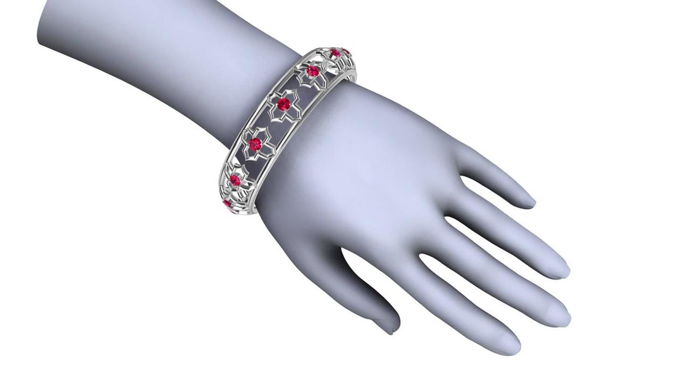 Round Cut 18 Karat White Gold Arabesque and Ruby Bangle For Sale