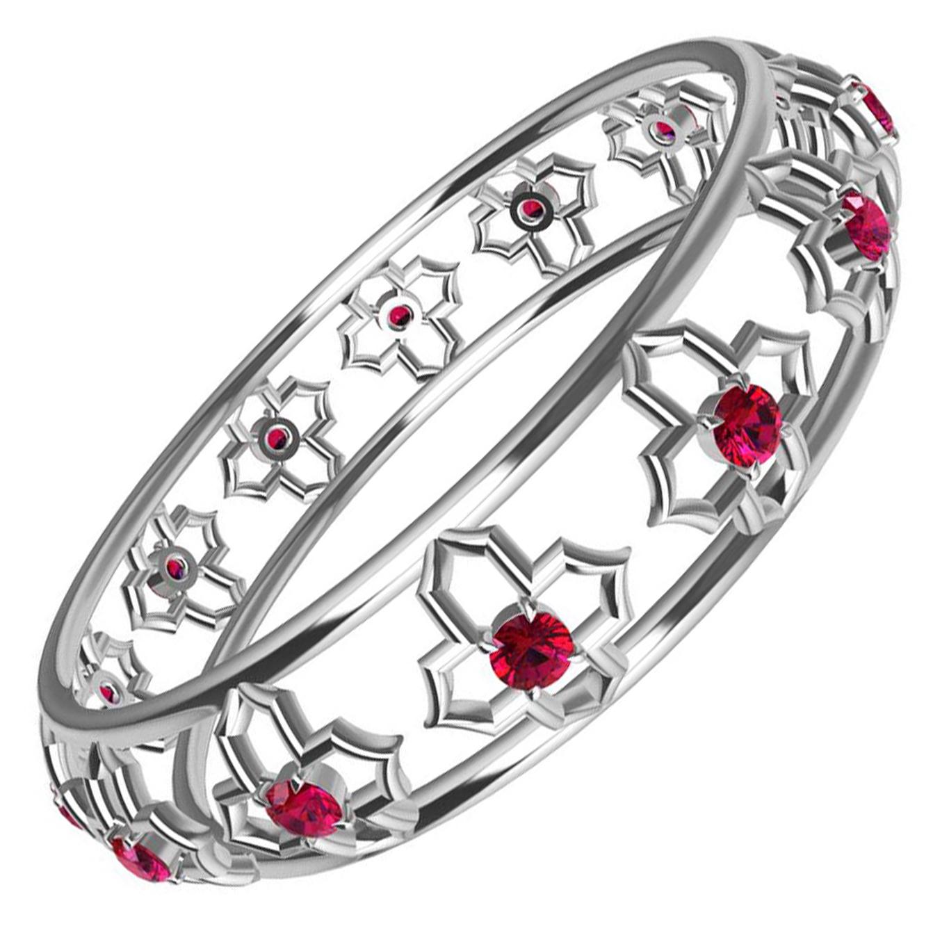 18 Karat White Gold Arabesque and Ruby Bangle For Sale