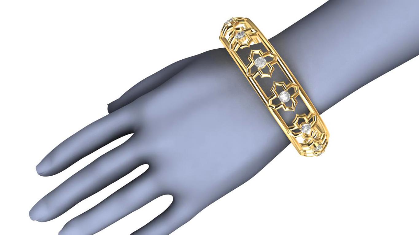 Contemporain Bracelet jonc en or jaune 18 carats avec arabesque et diamants certifiés GIA en vente