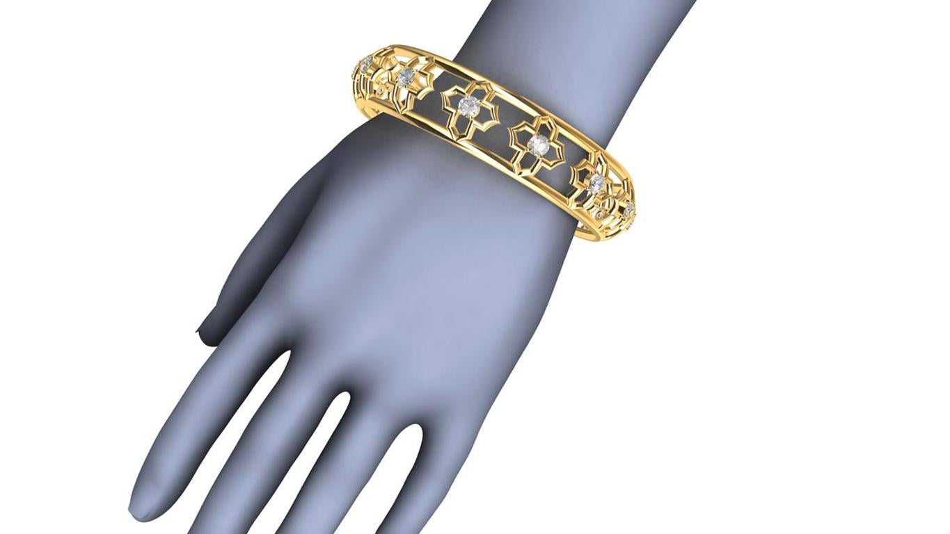 Taille ronde Bracelet jonc en or jaune 18 carats avec arabesque et diamants certifiés GIA en vente