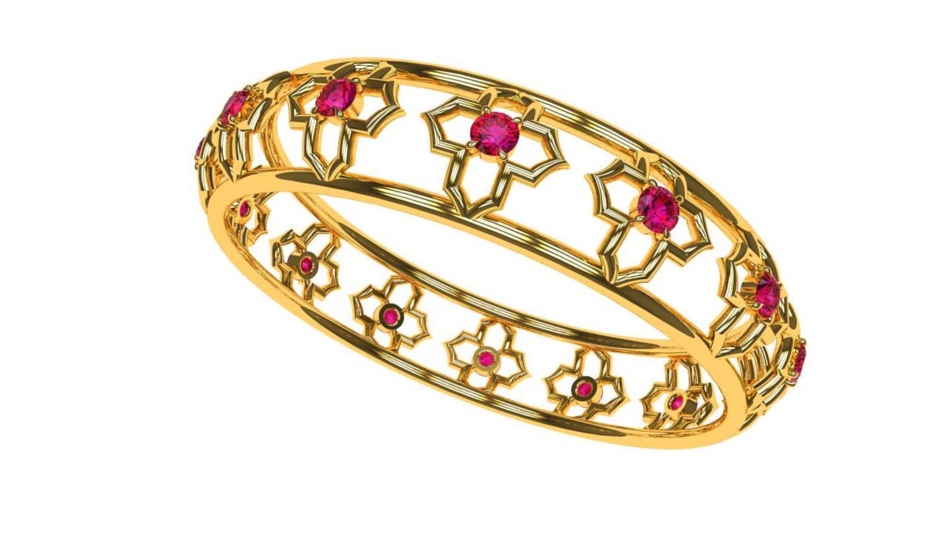 18 Karat Yellow Gold Arabesque and Ruby Bangle, 