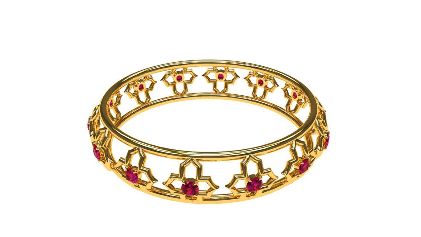 Contemporary 18 Karat Yellow Gold Arabesque and Ruby Bangle For Sale