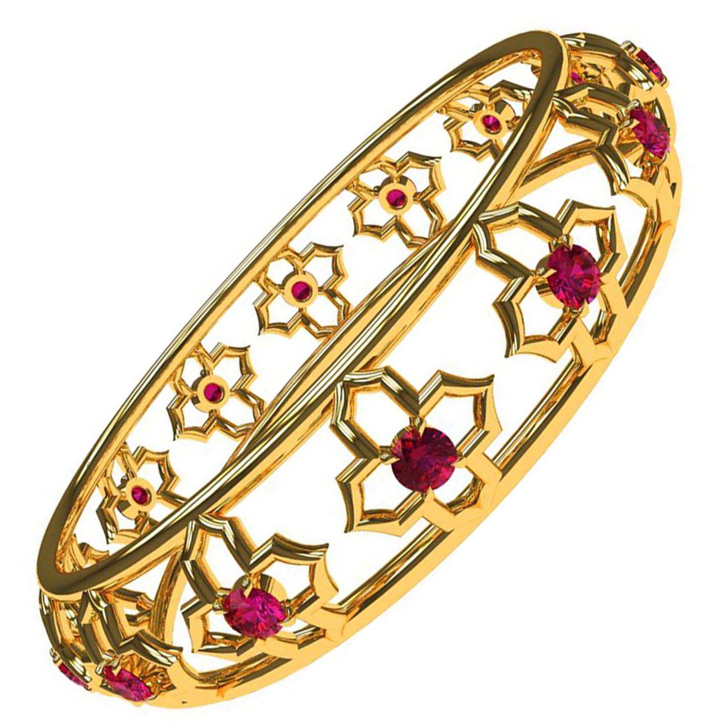 18 Karat Yellow Gold Arabesque and Ruby Bangle For Sale