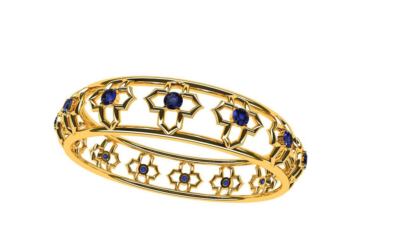 18 Karat Yellow Gold Arabesque Sapphire Bangle Bracelet, 