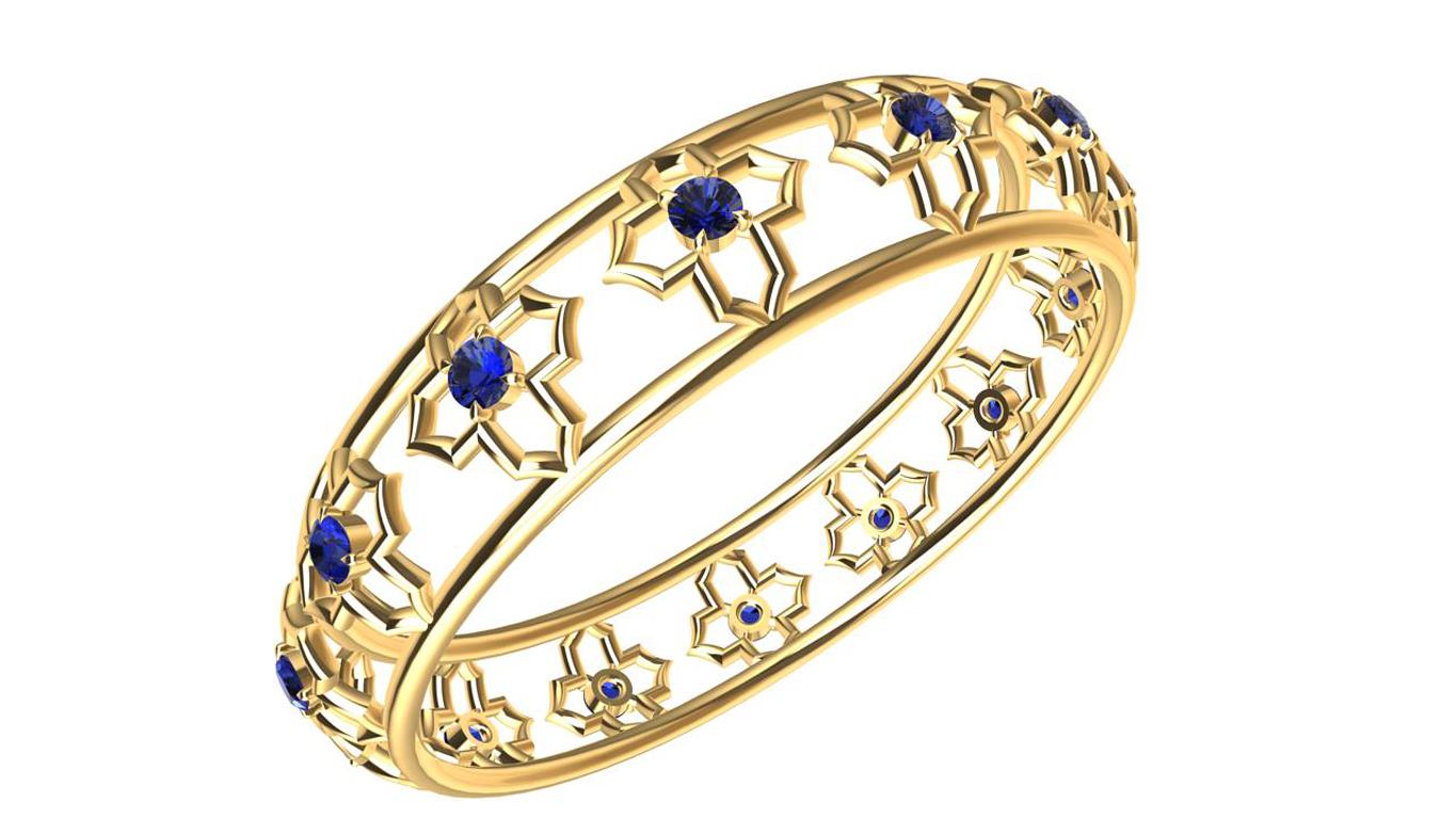 Round Cut 18 Karat Yellow Gold Arabesque Sapphire Bangle Bracelet For Sale