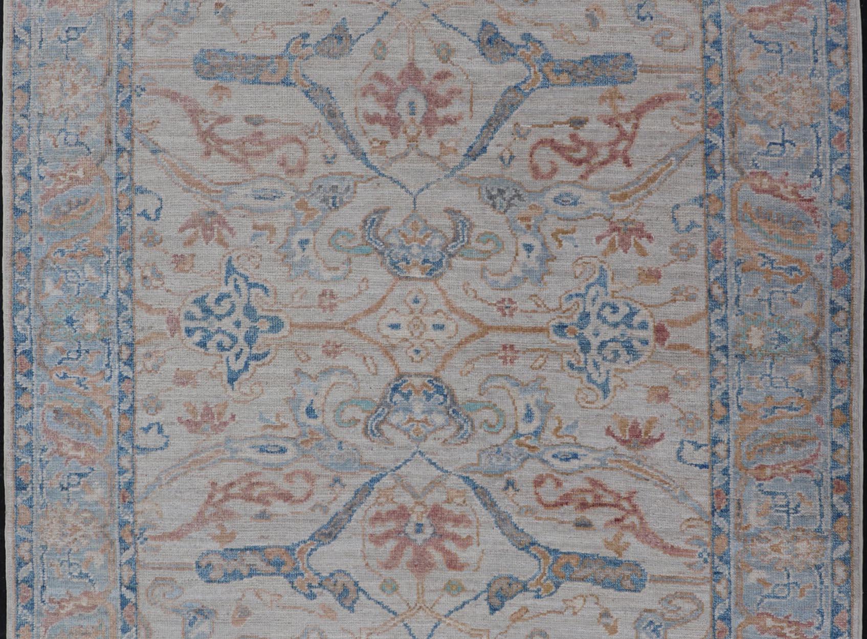 Contemporary Arabesque All-Over Hand Knotted Oushak Designed in Ivory and Blue Tones For Sale