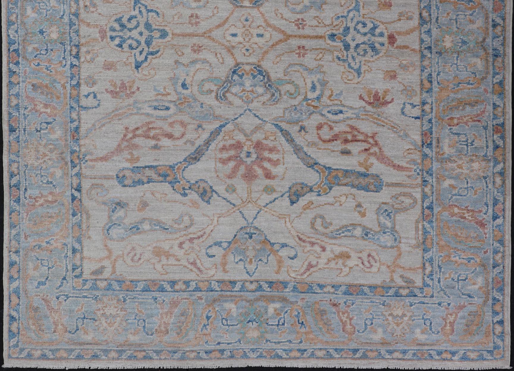 Wool Arabesque All-Over Hand Knotted Oushak Designed in Ivory and Blue Tones For Sale