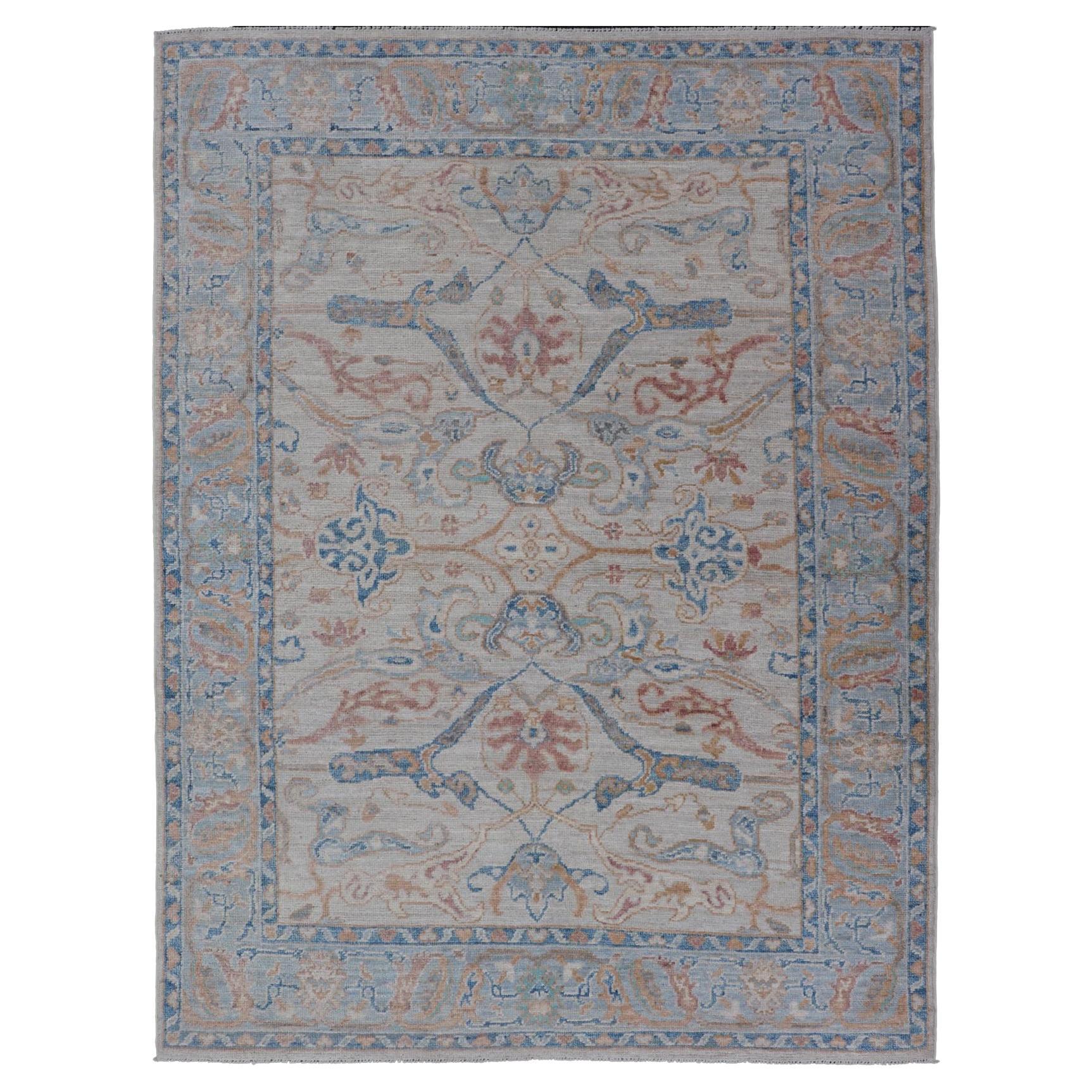 Arabesque All-Over Hand Knotted Oushak Designed in Ivory and Blue Tones For Sale