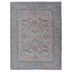 Arabesque All-Over Hand Knotted Oushak Designed in Ivory and Blue Tones