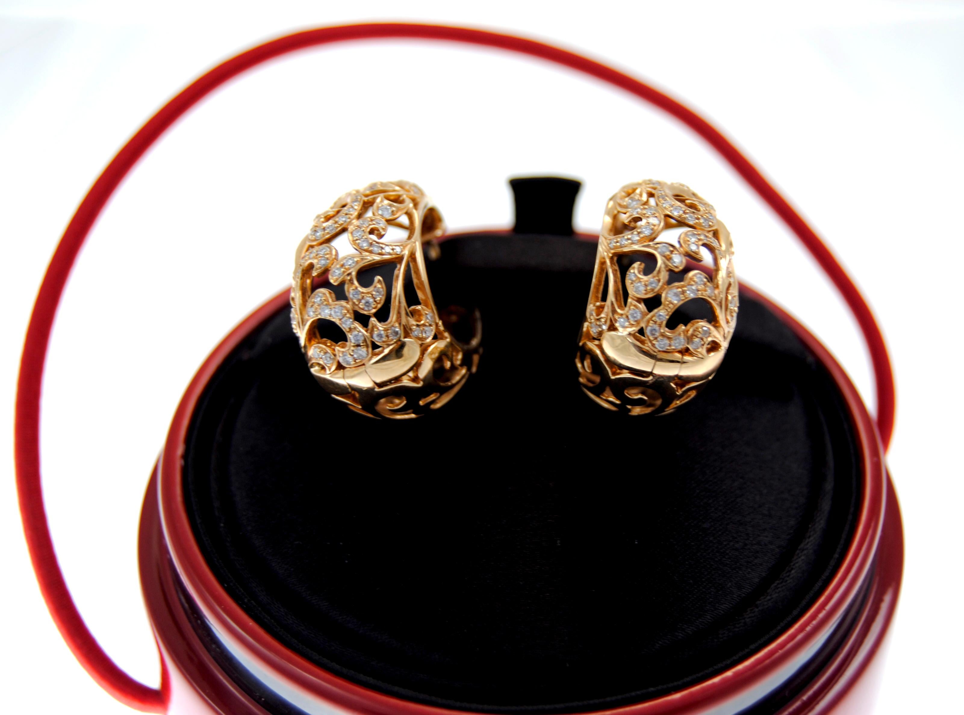 Contemporary Pomellato style Arabesque 18kt Pink Gold 0.85 Carat Diamonds Earrings