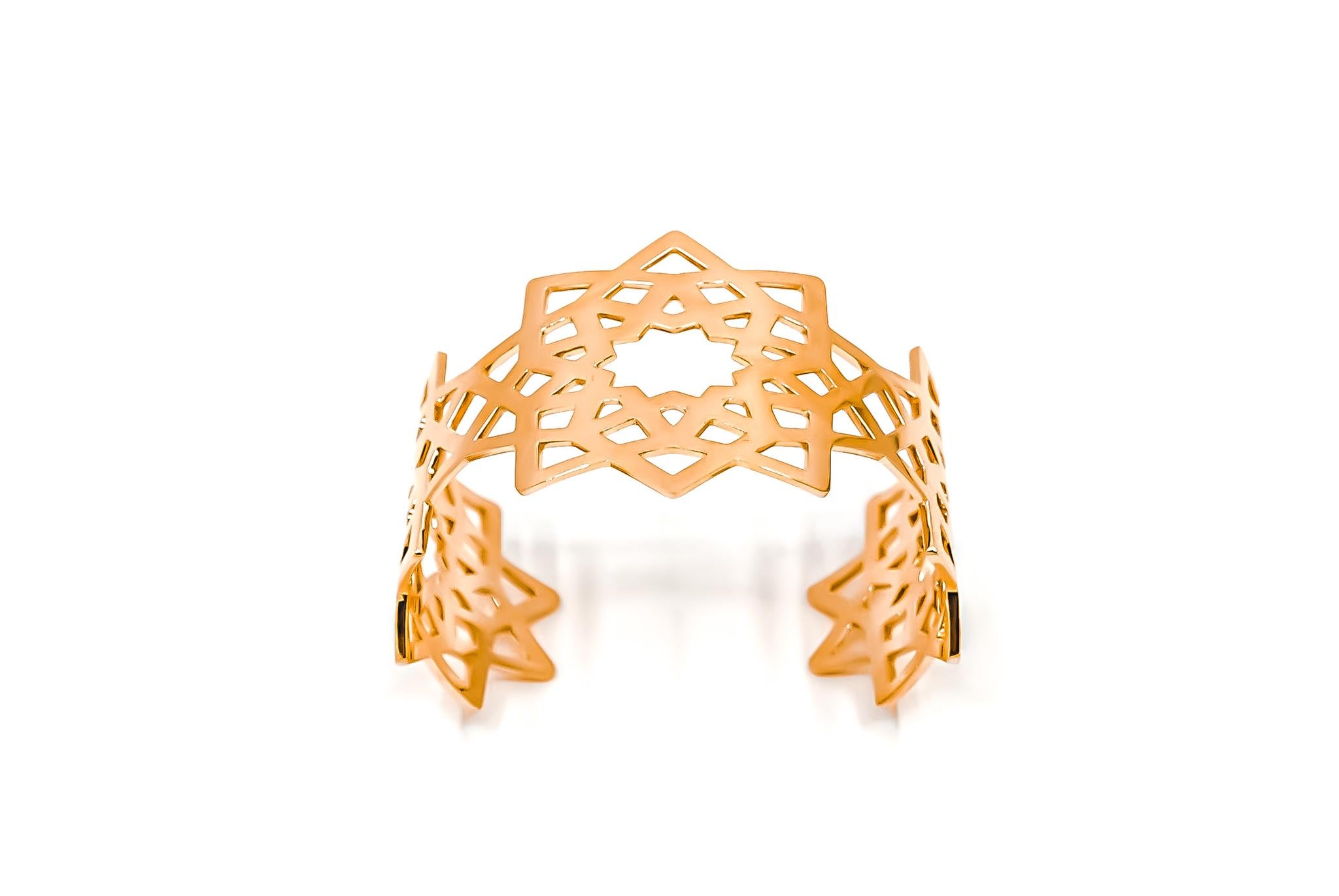 18kt solid rose gold cuff bracelet by Mohamad Kamra from the Arabesque Deco Collection.

The design of the cuff bracelet is inspired by the Andalusian Style and Motifs found in Al Hambra Palace in Granada in Spain

Available in 18kt solid yellow,