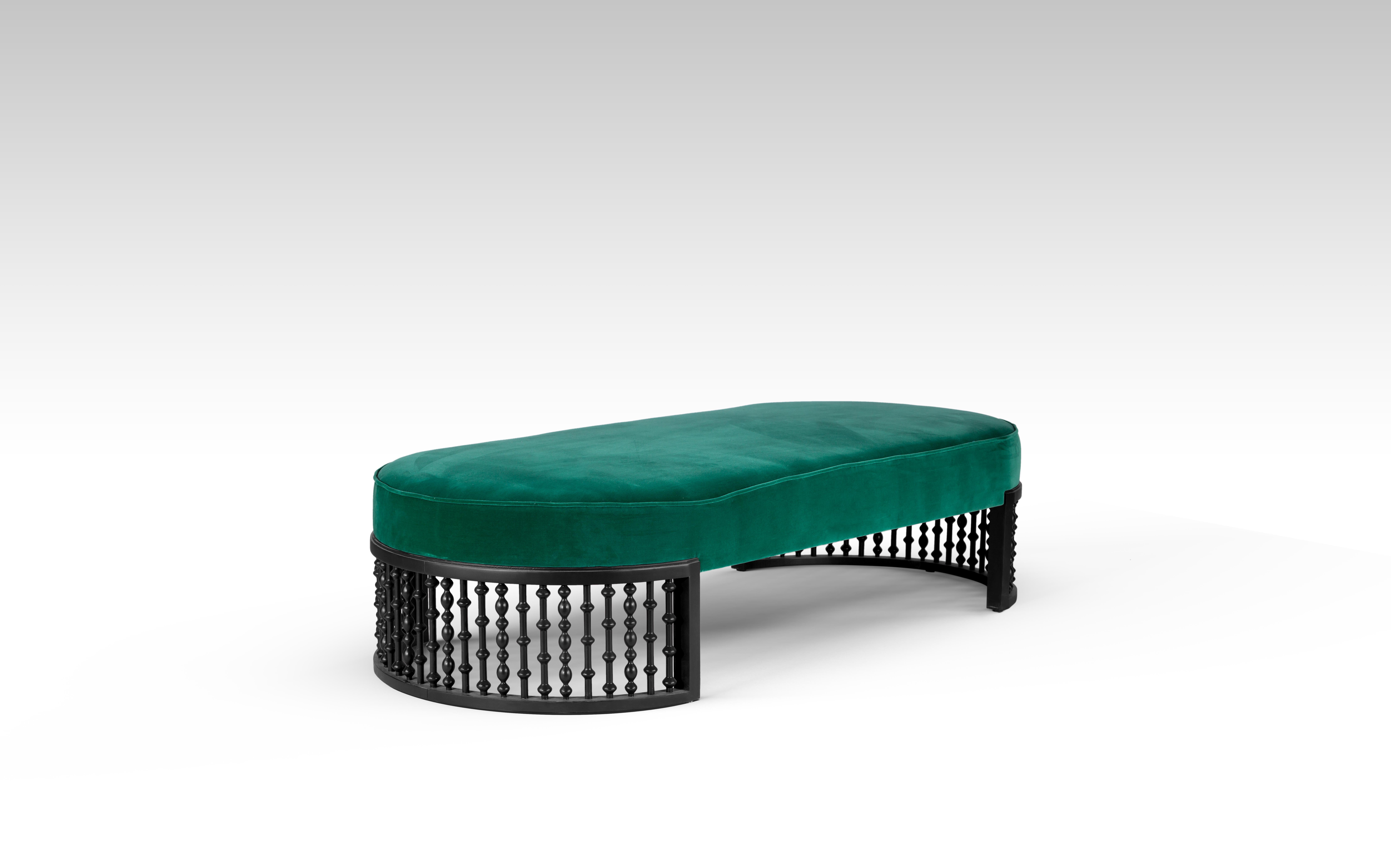 Contemporary Arabesque-Inspired Bench with Lacquered Wood and Velvet Upholstery For Sale