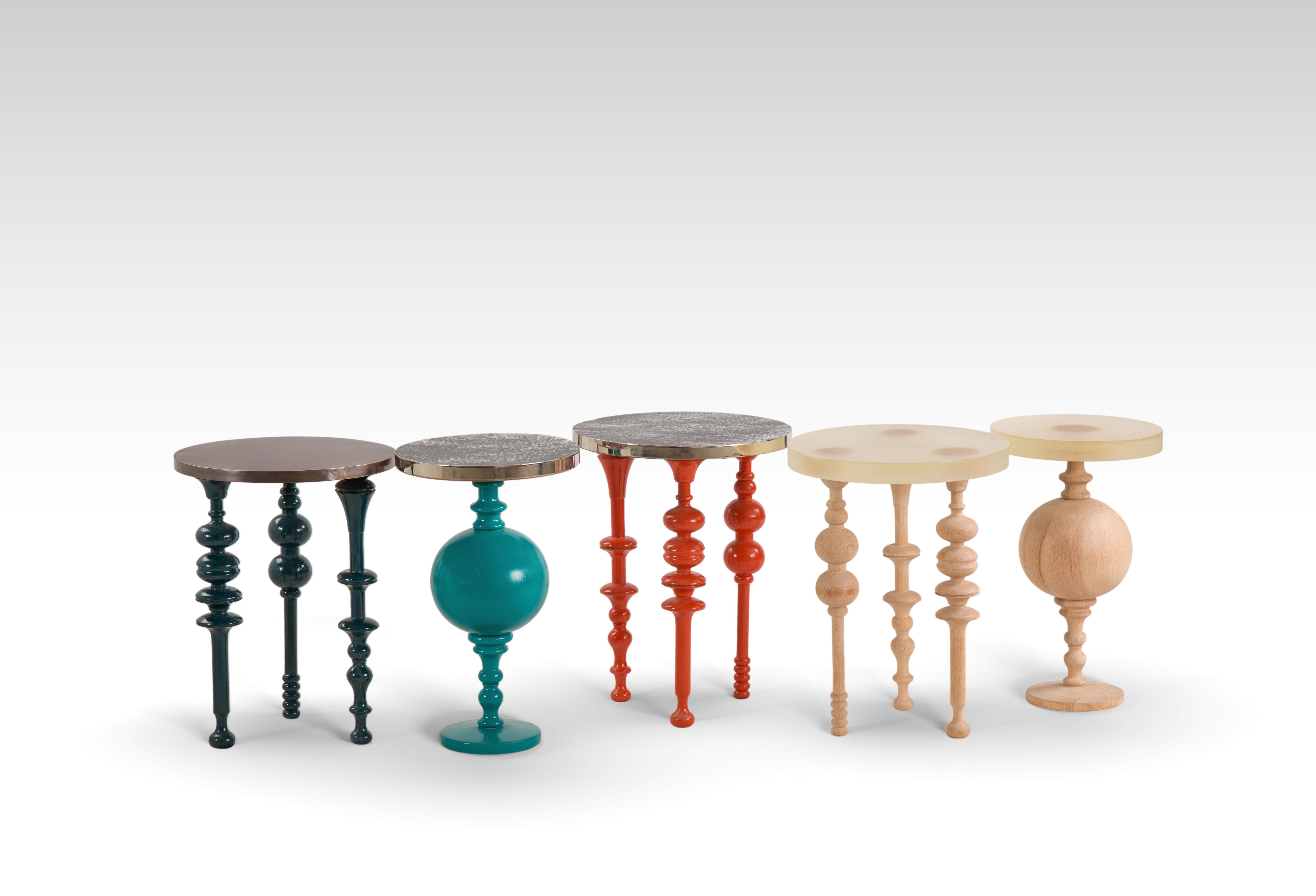 Modern Arabesque-Inspired Oak Wood Side Table with Resin Top - Large For Sale