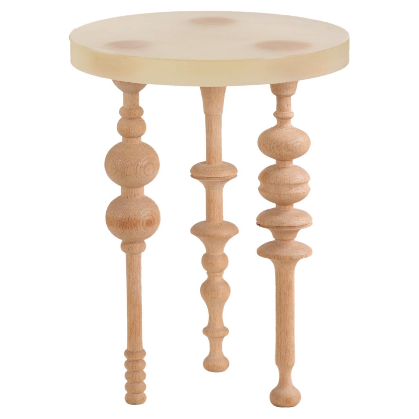 Arabesque-Inspired Oak Wood Side Table with Resin Top - Large
