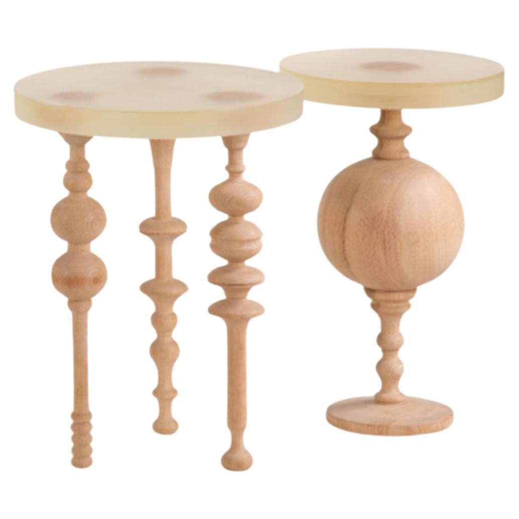 Arabesque-Inspired Oak Wood Side Table with Resin Top - Set For Sale