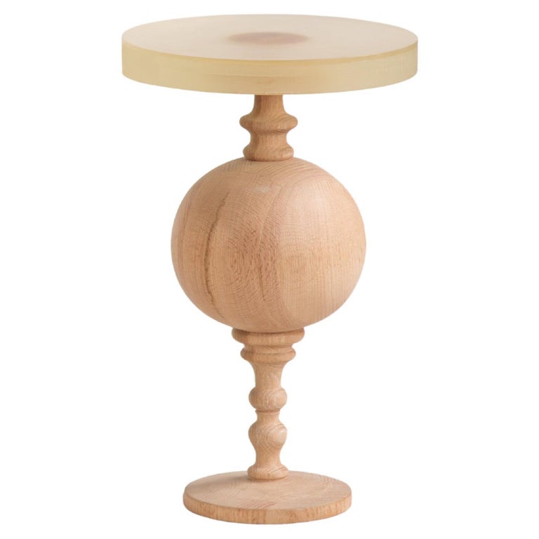 Arabesque-Inspired Oak Wood Side Table with Resin Top - Small For Sale
