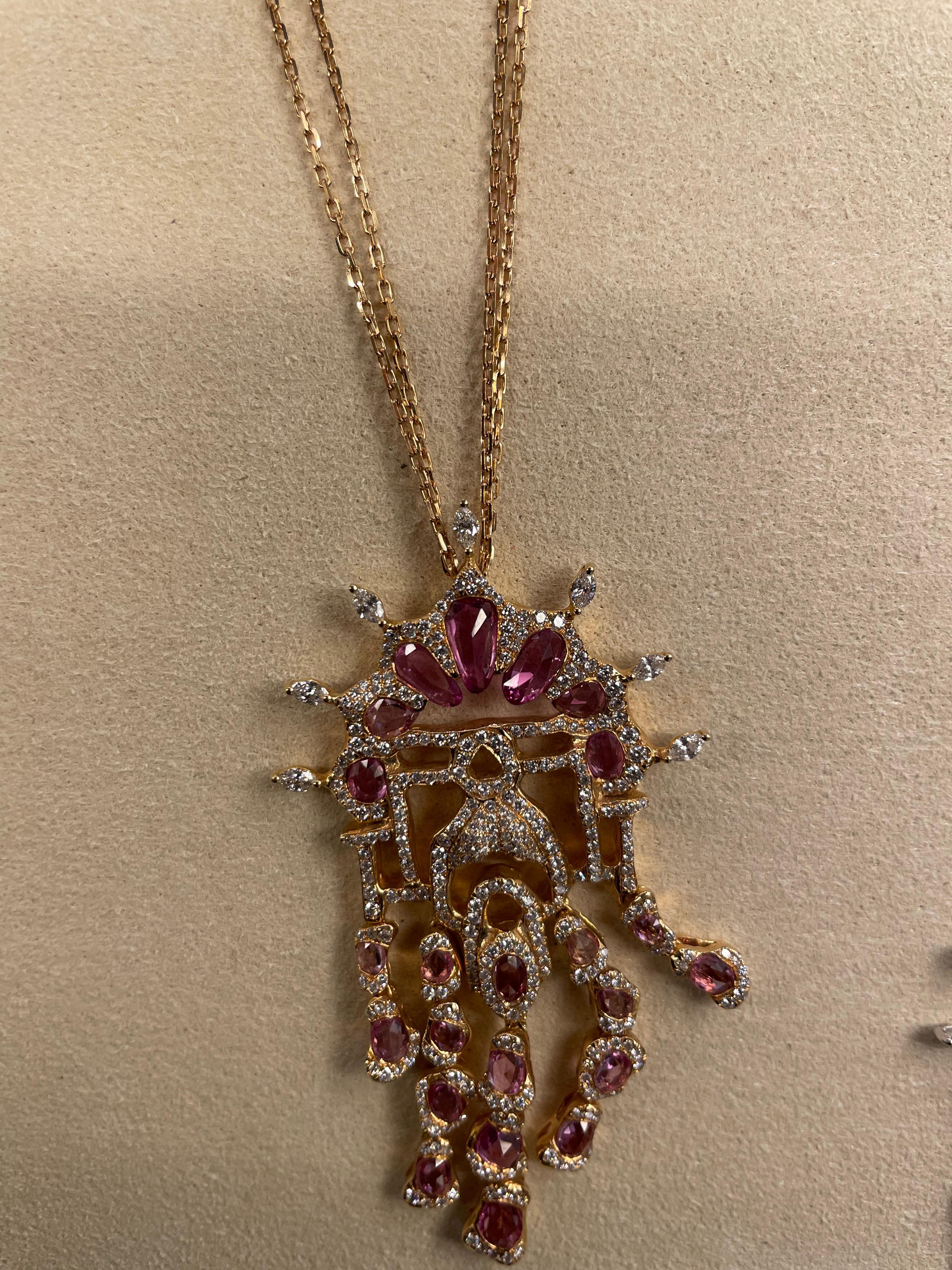 Art Deco Arabesque Pendant Necklace in 18K Rose Gold with Pink Sapphires and Diamonds For Sale