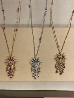 Arabesque Pendant Necklace in 18K white Gold with Green blue and Diamonds