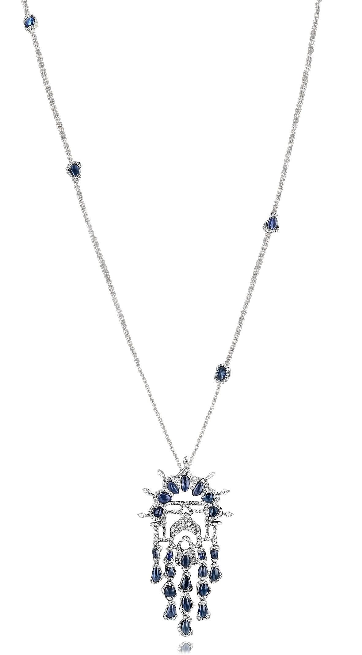 Round Cut Arabesque Pendant Necklace in 18K white Gold with Green blue and Diamonds For Sale