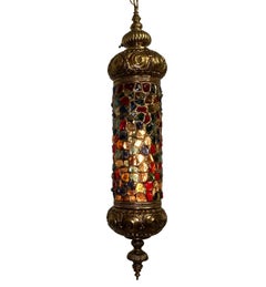 Arabesque Style Brass and Multicolored Jewel Glass Lantern, American, 1940s