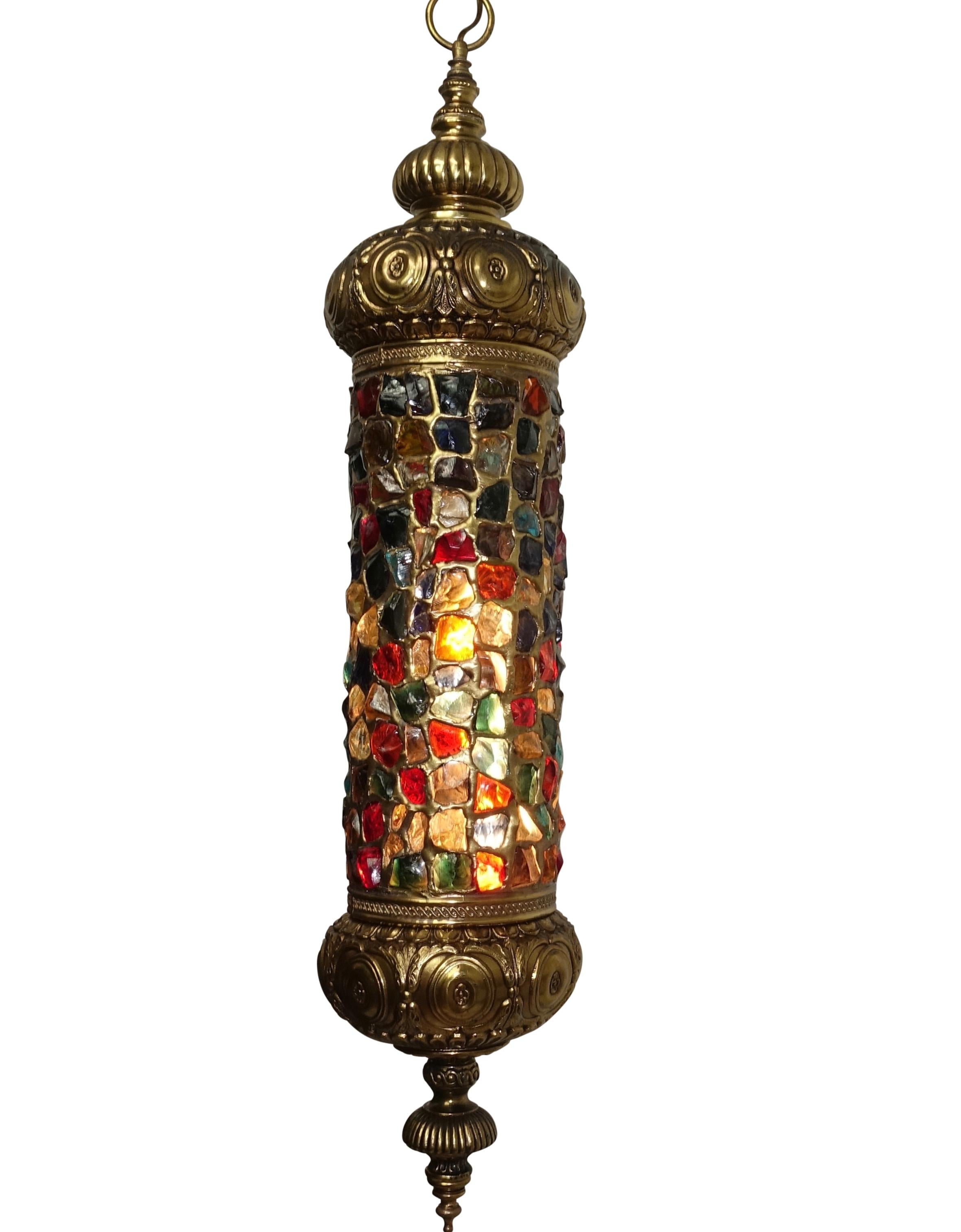 Mid-Century Modern Arabesque Style Brass and Multicolored Jewel Glass Lantern, American, 1940s