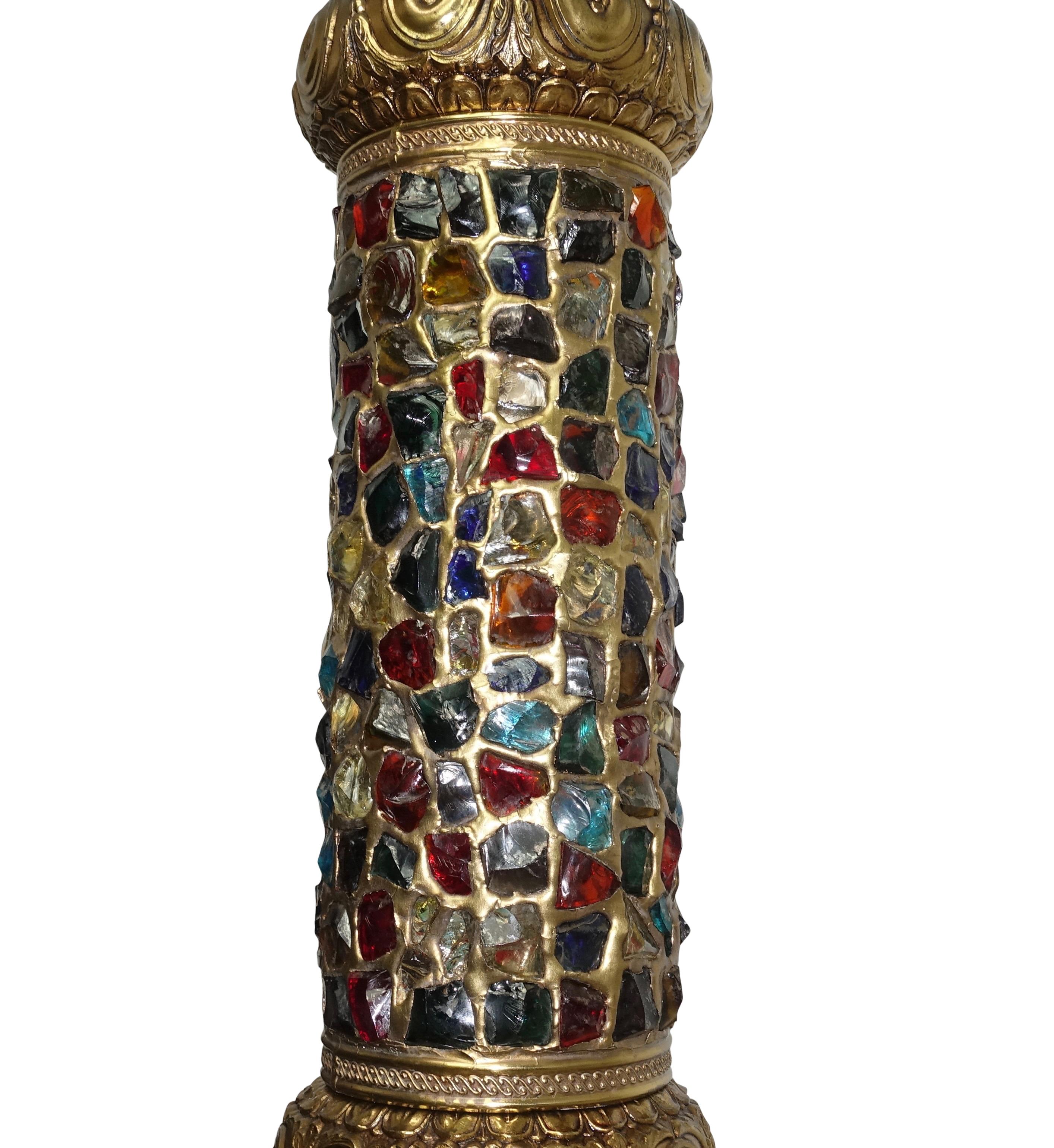 Arabesque Style Brass and Multicolored Jewel Glass Lantern, American, 1940s In Good Condition In San Francisco, CA