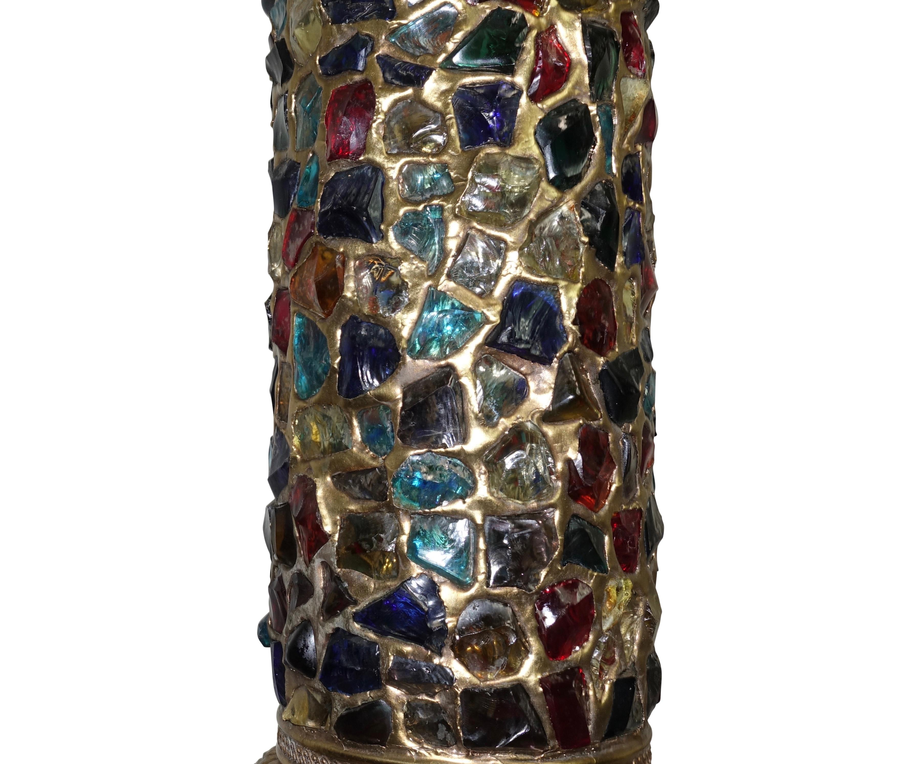 20th Century Arabesque Style Brass and Multicolored Jewel Glass Lantern, American, 1940s