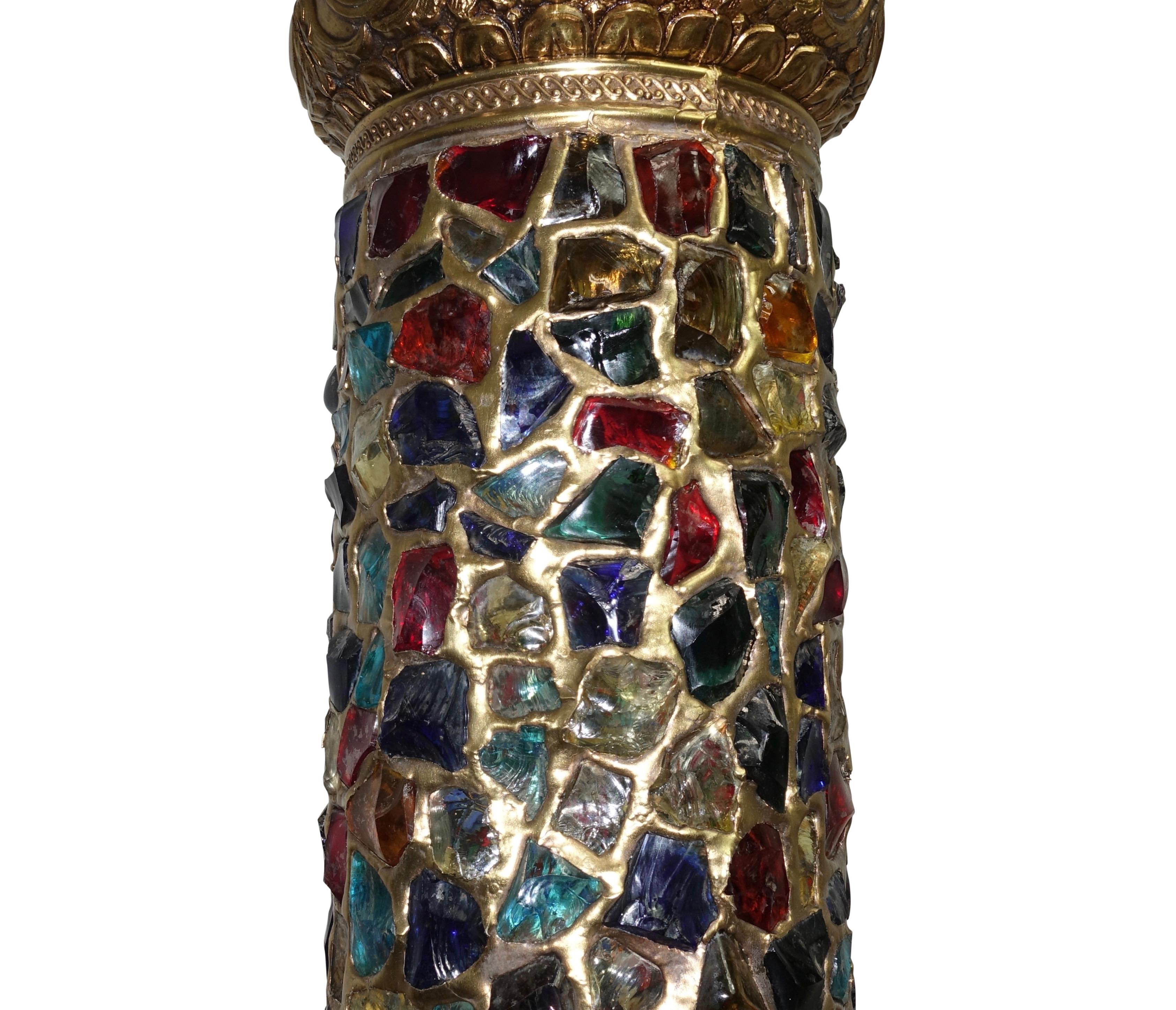 Arabesque Style Brass and Multicolored Jewel Glass Lantern, American, 1940s 1