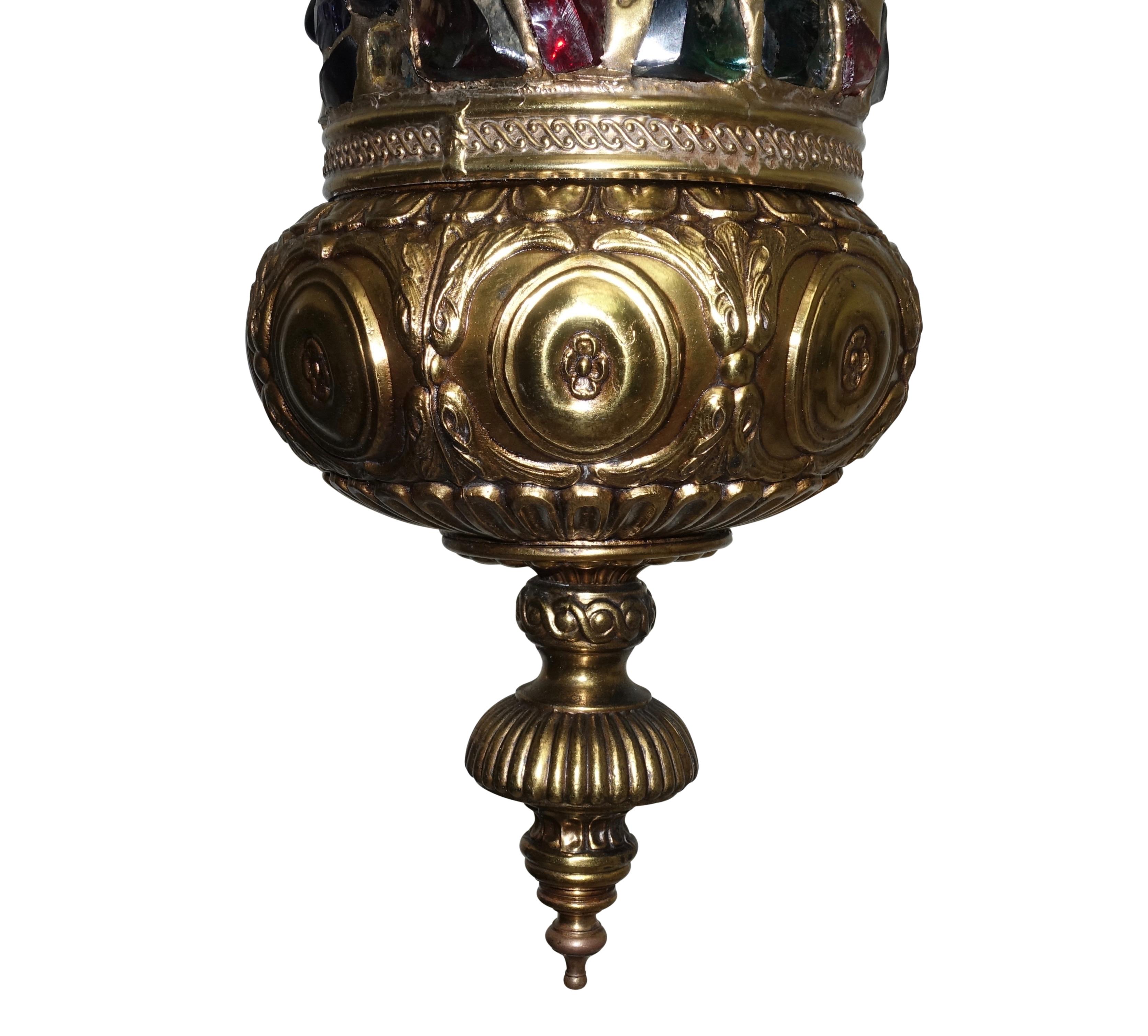 Arabesque Style Brass and Multicolored Jewel Glass Lantern, American, 1940s 2