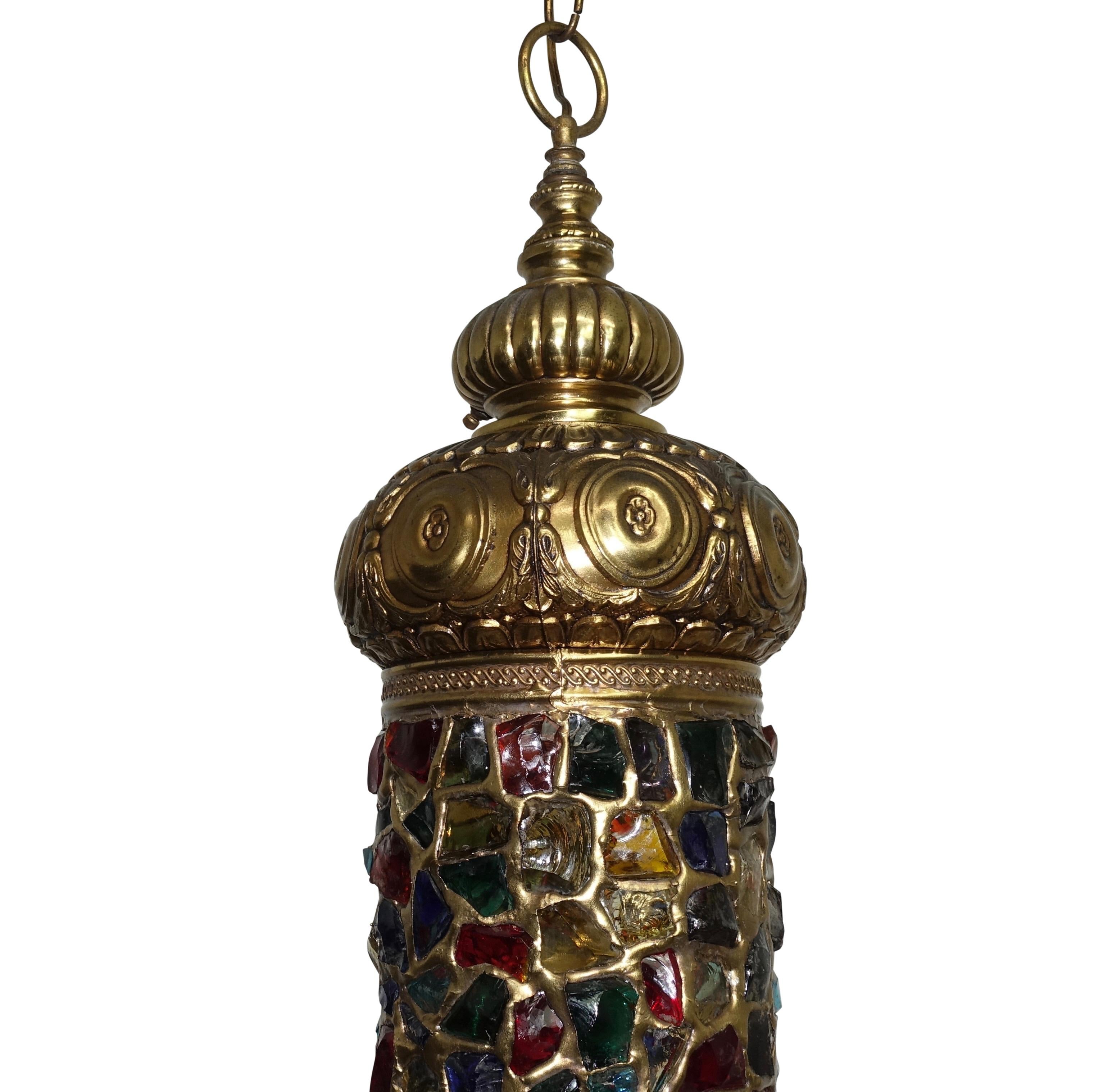 Arabesque Style Brass and Multicolored Jewel Glass Lantern, American, 1940s 3