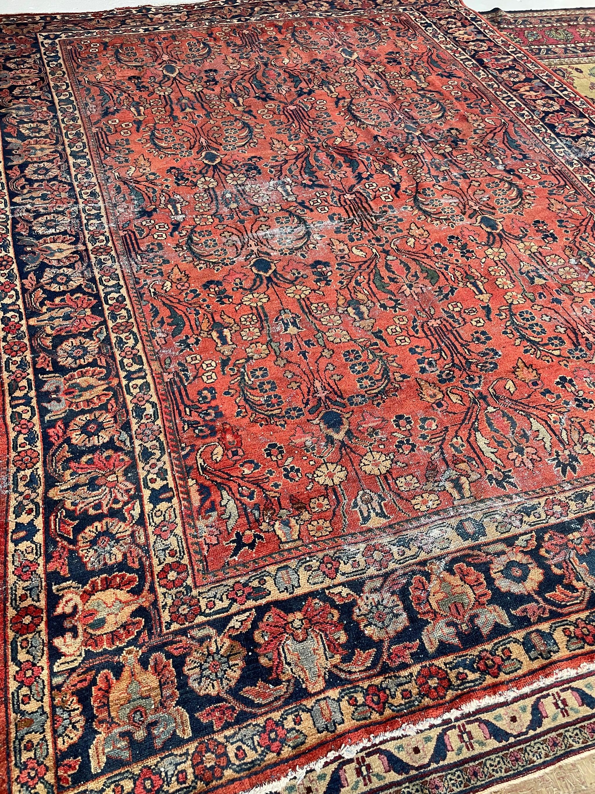 Noué à la main Tapis Arabesque Vines in Rich Rusty-Berry and Muddy Peacock Blues, c.1930-40's. en vente