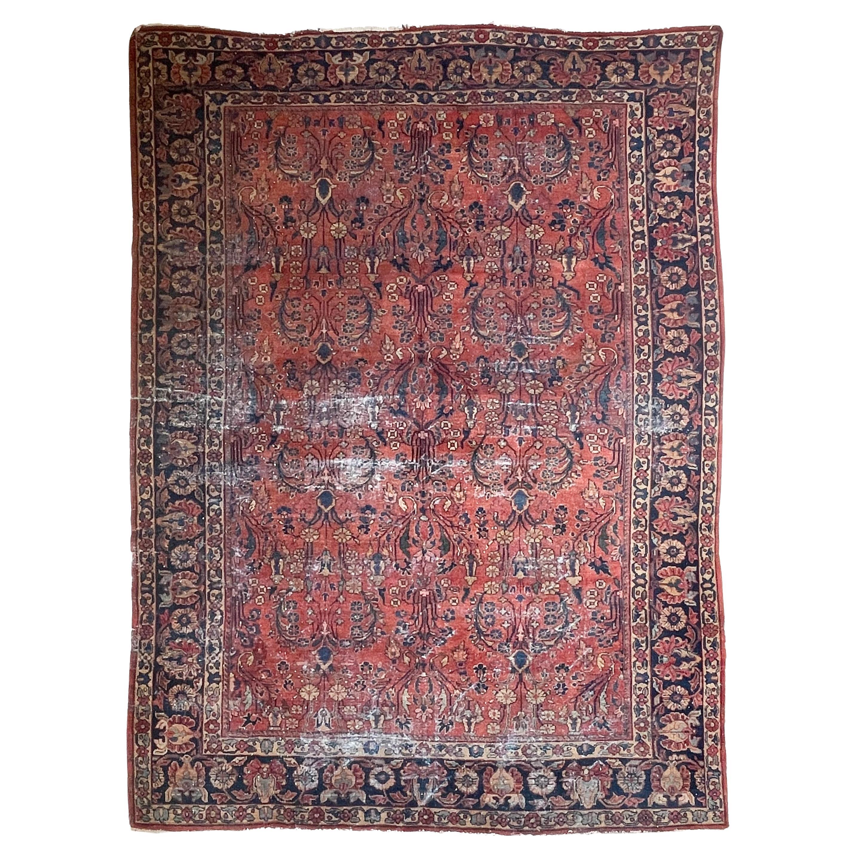 Alfombra Arabesque Vines en ricos tonos baya oxidada y azul pavo real, c. 1930-40