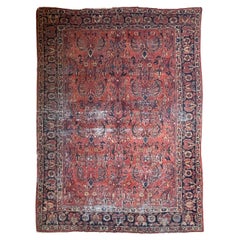 Arabesque Vines Rug in Rich Rusty-Berry and Muddy Peacock Blues, c. 1930-40's