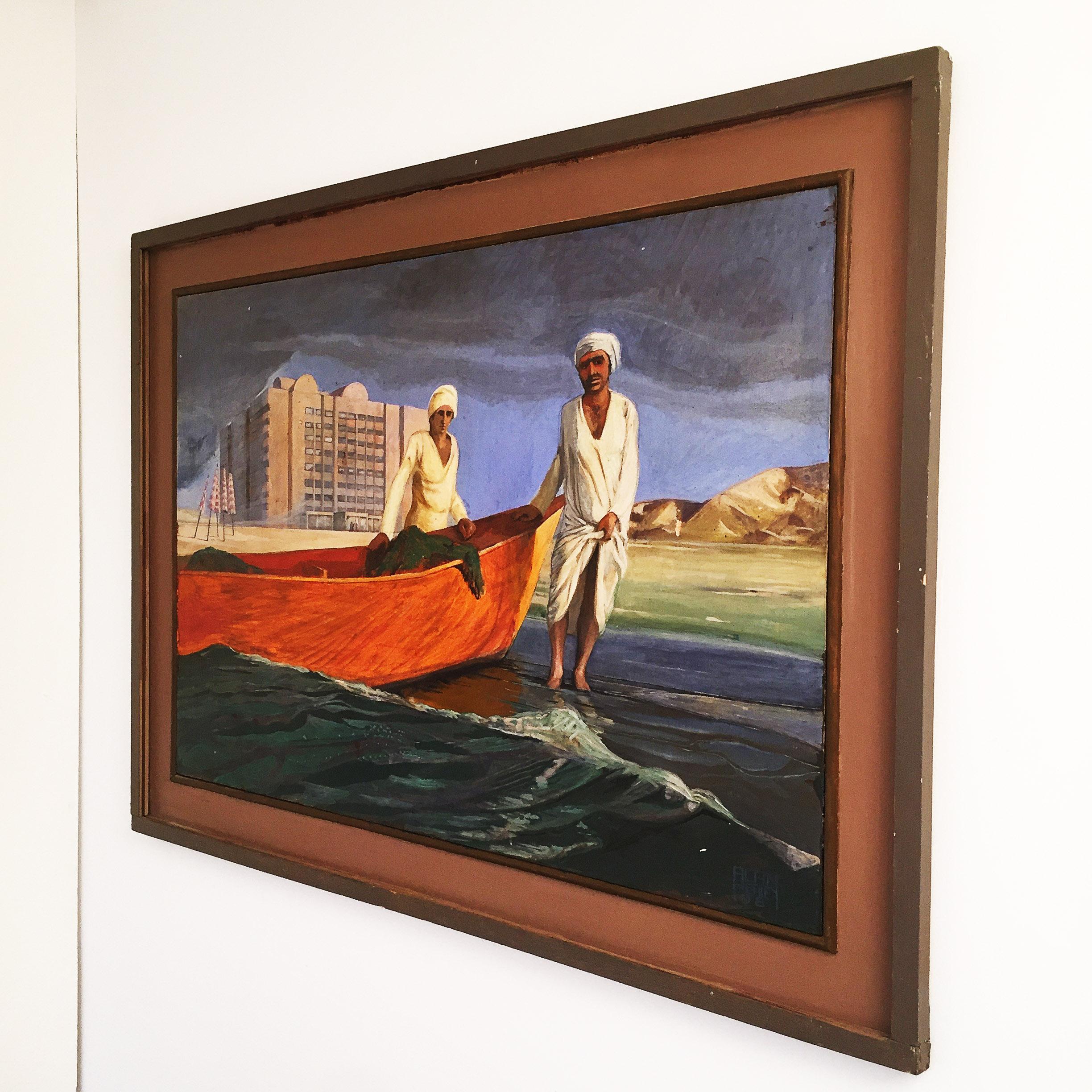 This vintage arabesque painting, signed by Alan Healey and painted in the early 1980s, depicts two North African men pulling their boat in from the sea for fishing. On the backdrop is a large building, possibly a hotel, with striped umbrellas on the