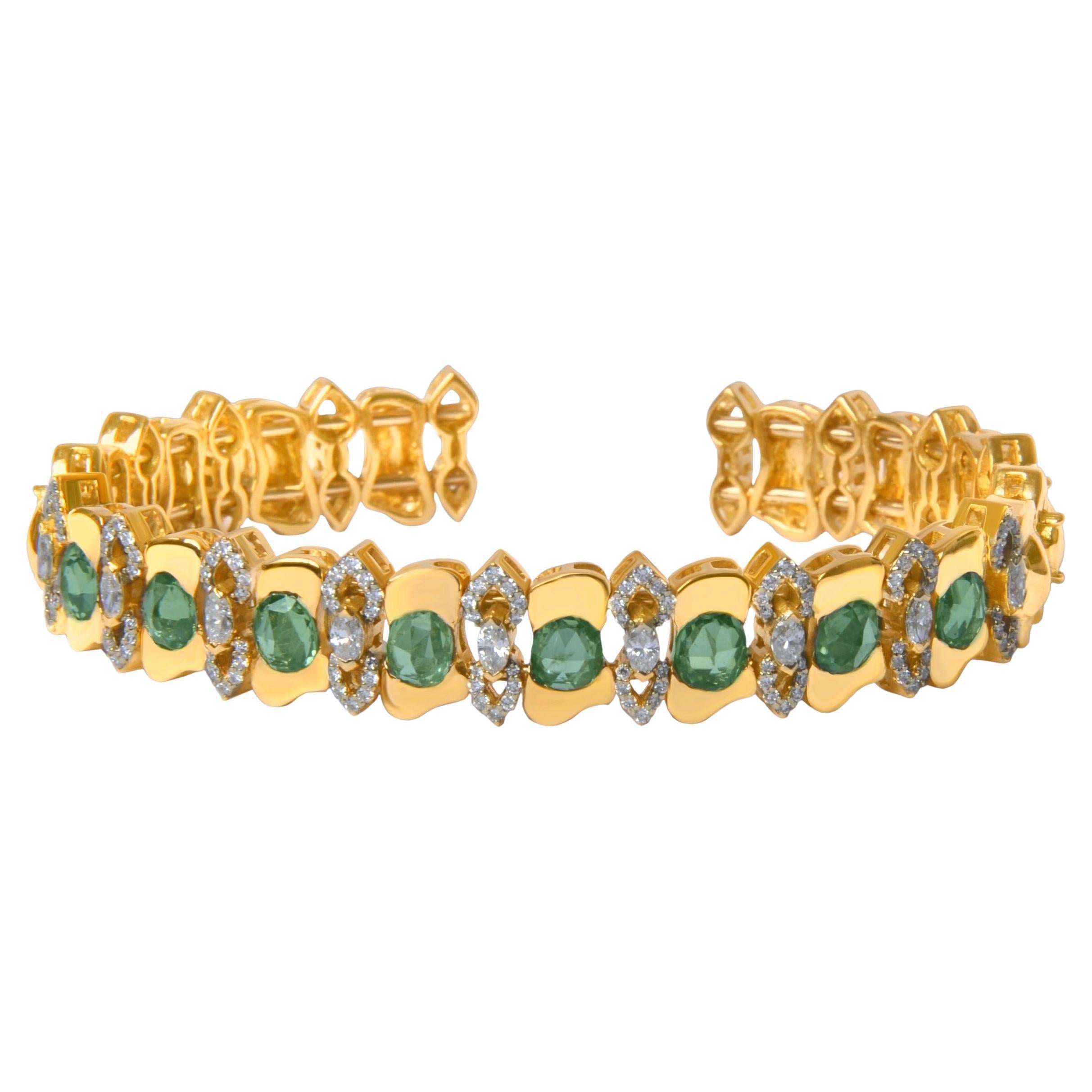 Ruwaya Yellow gold green sapphire bangle  with Diamonds For Sale