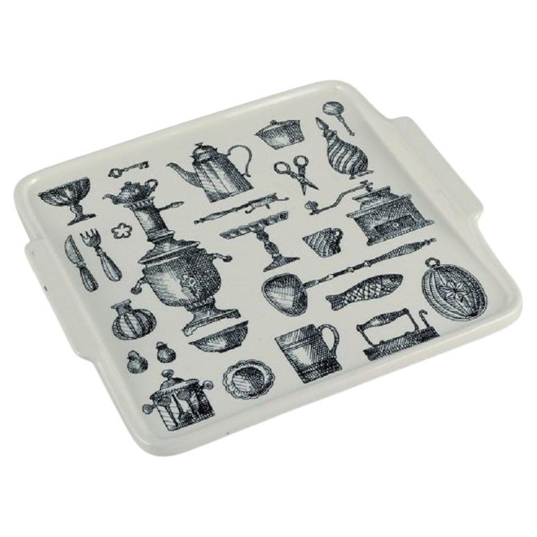 Arabia, Finland, Porcelain Tray Decorated with Antique Kitchen Utensils, 1970s For Sale