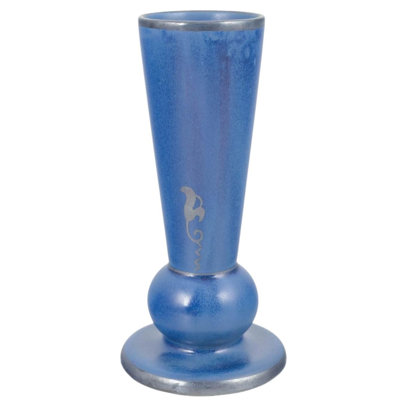 Pre-owned Arabia , Finland. Tall Vase In Intense Blue Glaze With Stylised Motif. 1960s