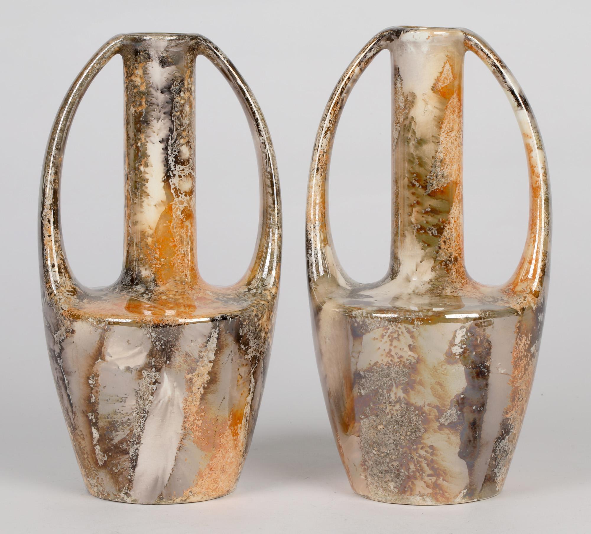 Arabia Finnish Art Deco Pair of Twin Handled Lustre Glazed Art Pottery Vases 5