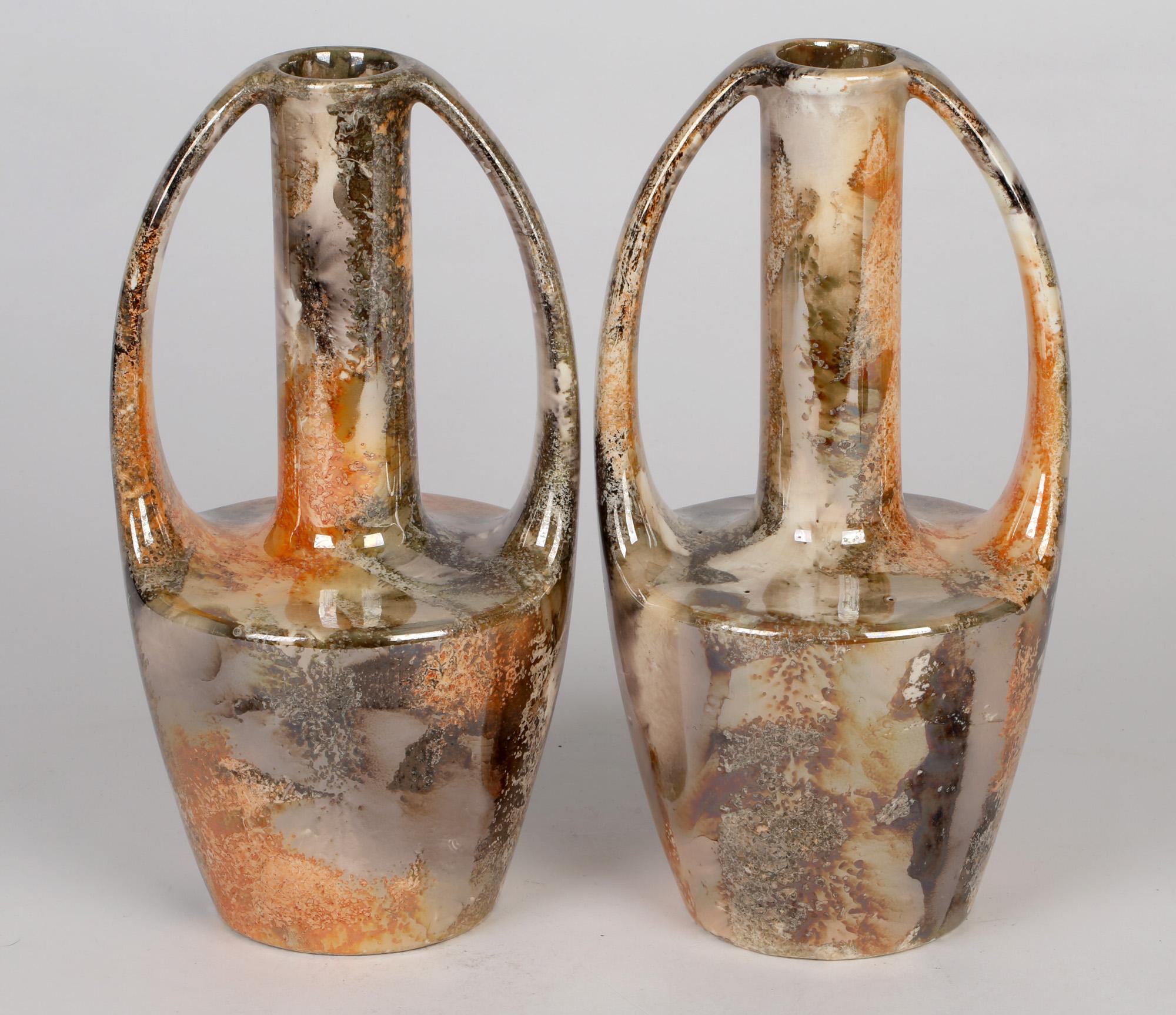Arabia Finnish Art Deco Pair of Twin Handled Lustre Glazed Art Pottery Vases 12