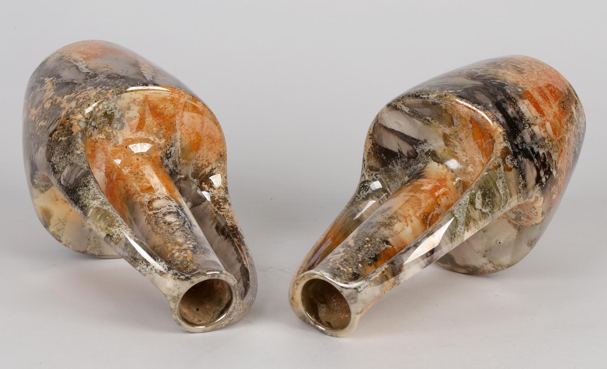 Arabia Finnish Art Deco Pair of Twin Handled Lustre Glazed Art Pottery Vases In Good Condition In Bishop's Stortford, Hertfordshire