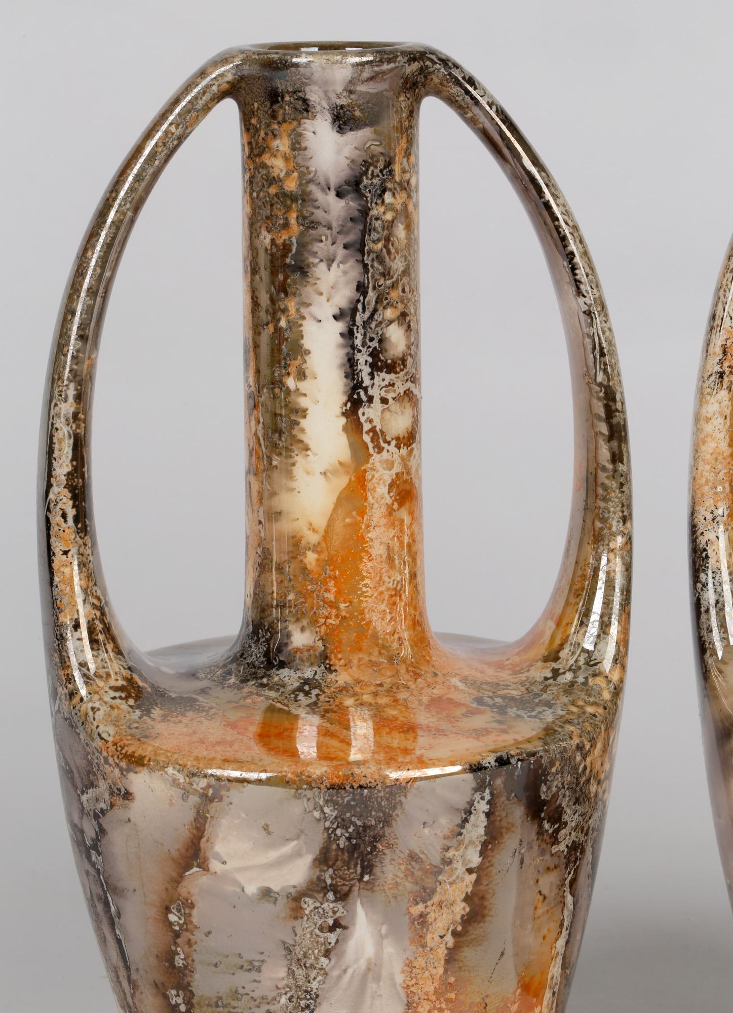 20th Century Arabia Finnish Art Deco Pair of Twin Handled Lustre Glazed Art Pottery Vases